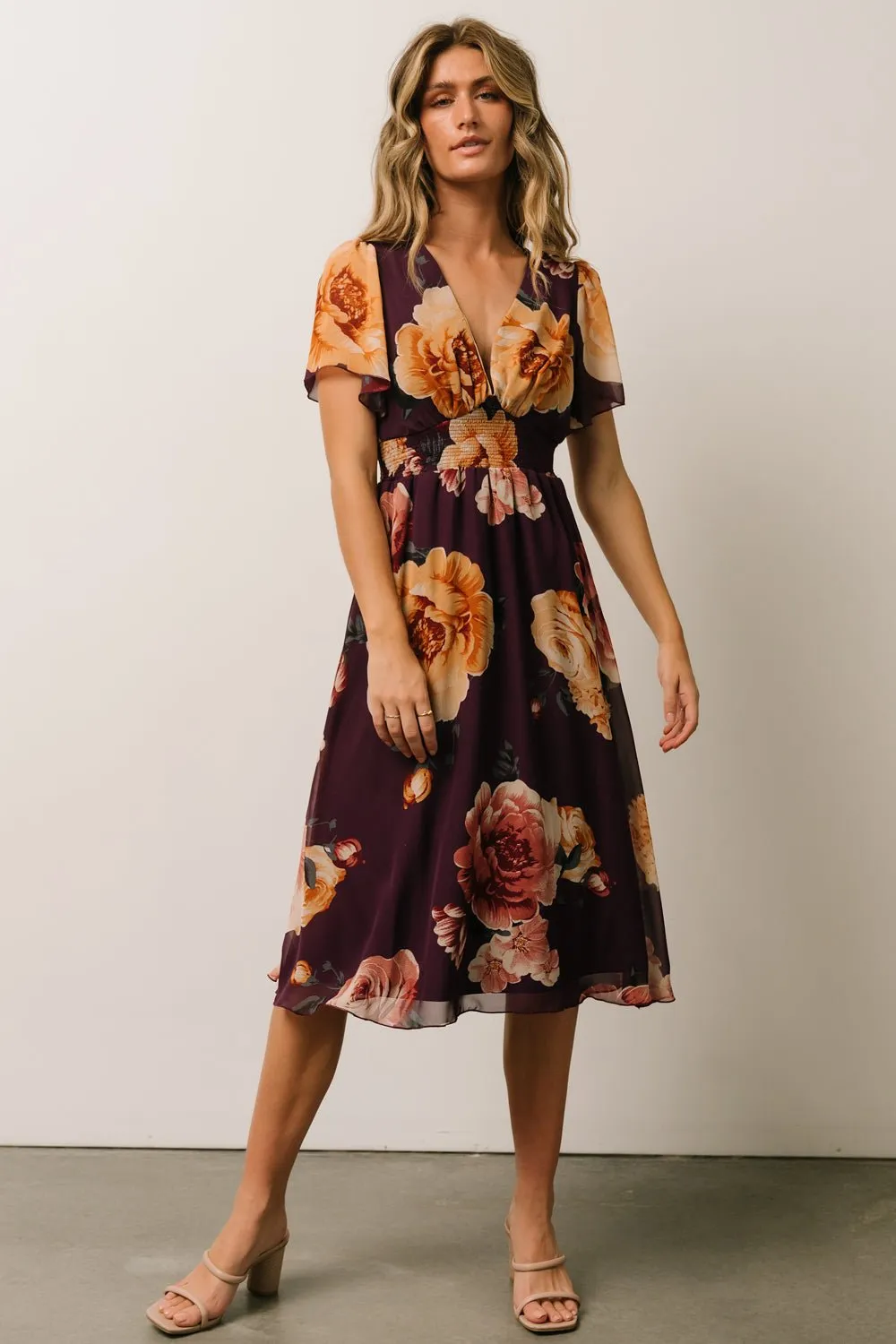 Sarah Smocked Midi Dress | Eggplant Floral sold by Baltic Born product image thumbnail 4