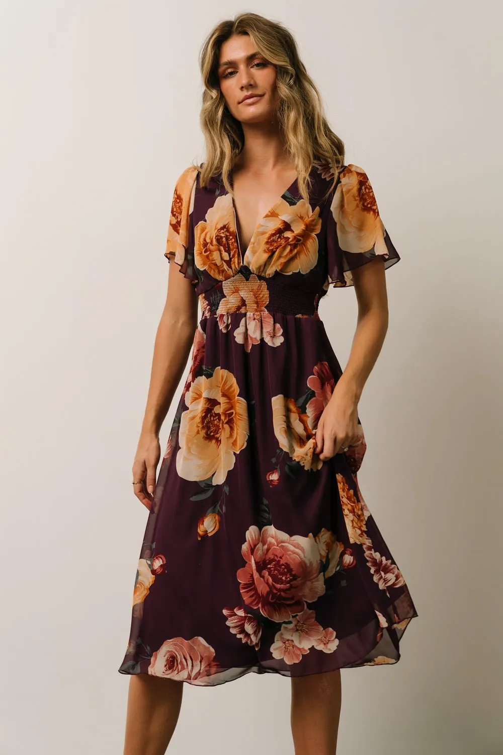 Sarah Smocked Midi Dress | Eggplant Floral sold by Baltic Born product image thumbnail 2