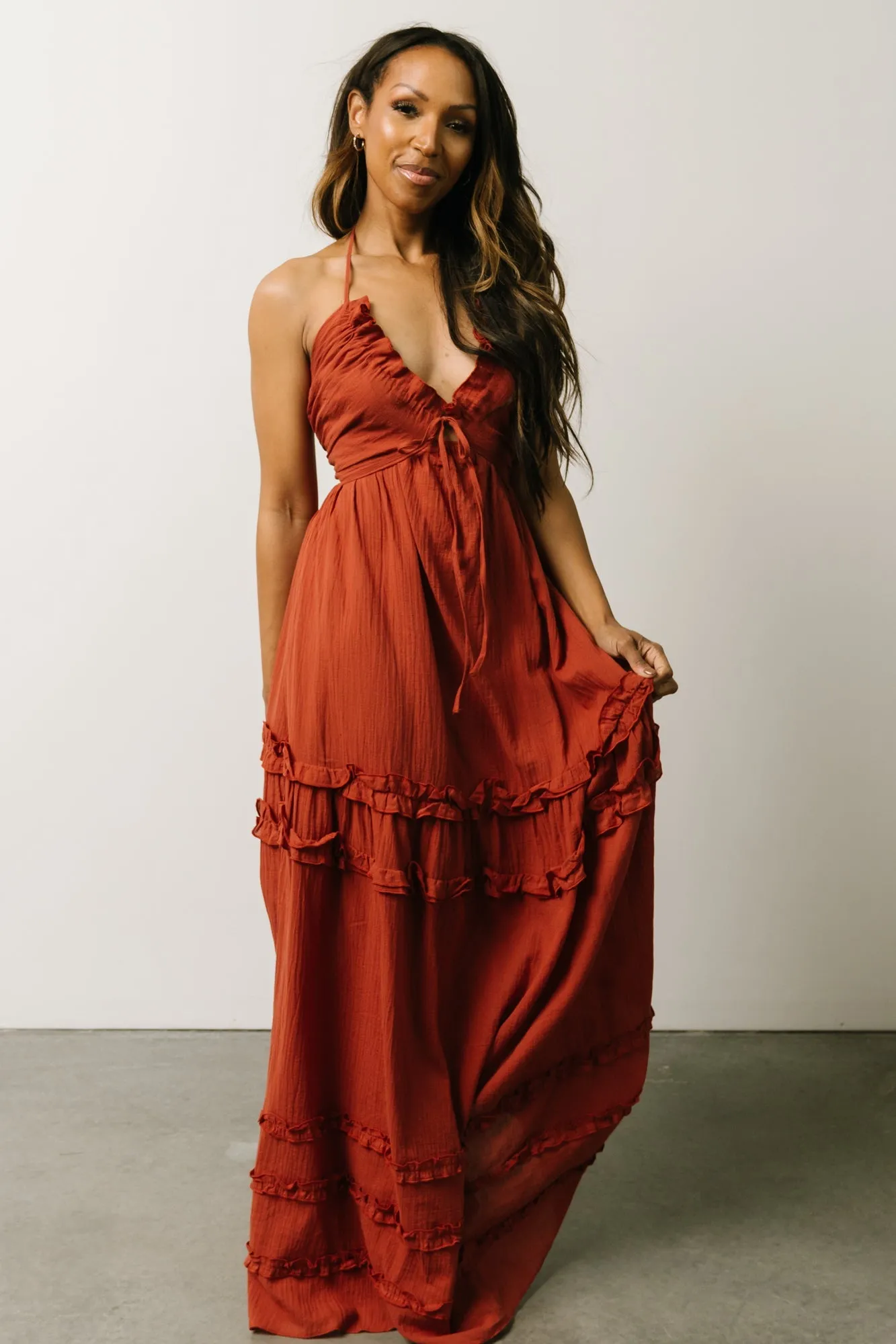 Augusta Halter Neck Maxi Dress | Terracotta sold by Baltic Born