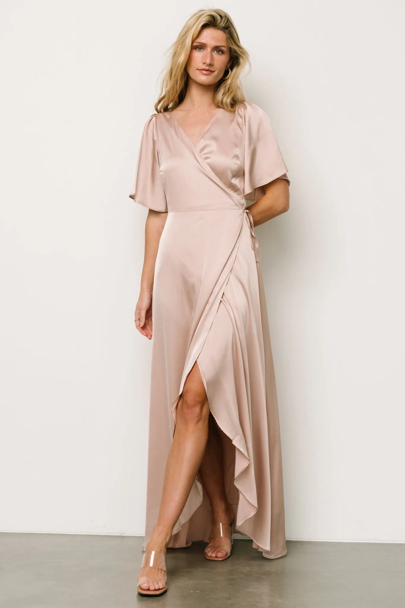 Vara Satin Maxi Wrap Dress | Champagne sold by Baltic Born product image thumbnail 2