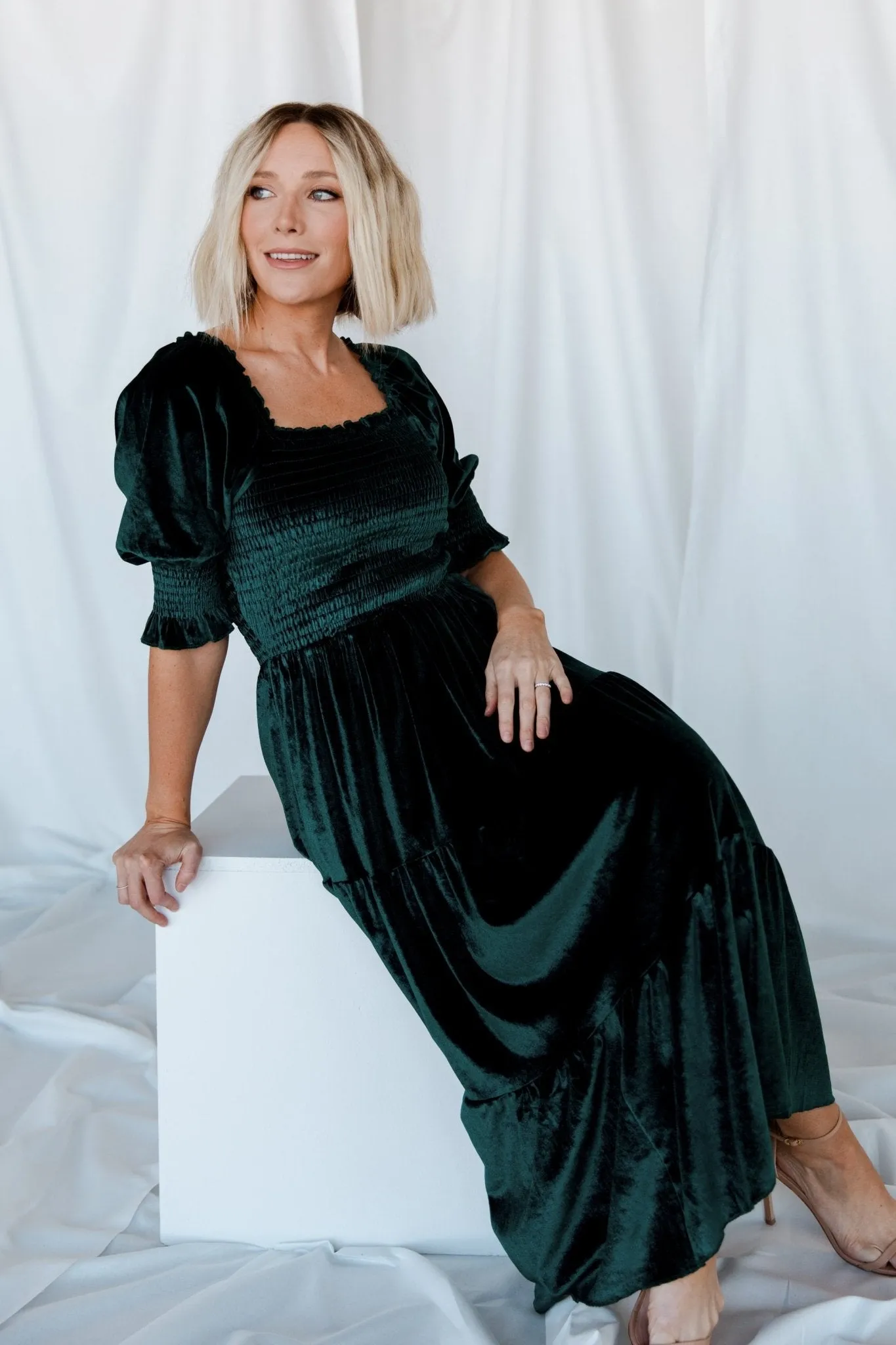 vivaldi smocked velvet midi dress Vivaldi Smocked Velvet Midi Dress | Champagne