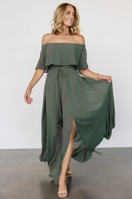Victoria Off Shoulder Maxi Dress | Dark Sage sold by Baltic Born