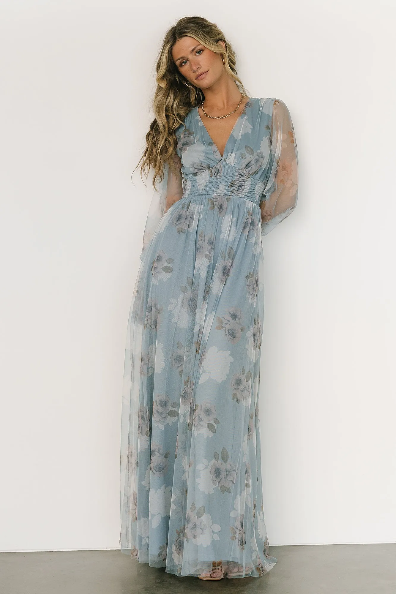 Layla Tulle Maxi Dress | Light Blue Floral sold by Baltic Born product image thumbnail 4