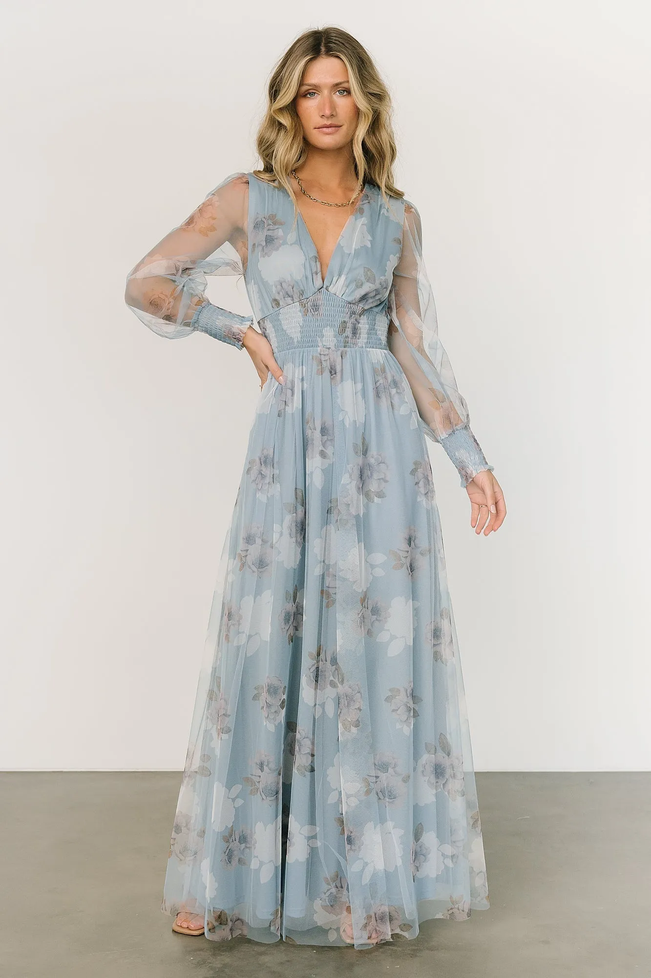 Layla Tulle Maxi Dress | Light Blue Floral sold by Baltic Born