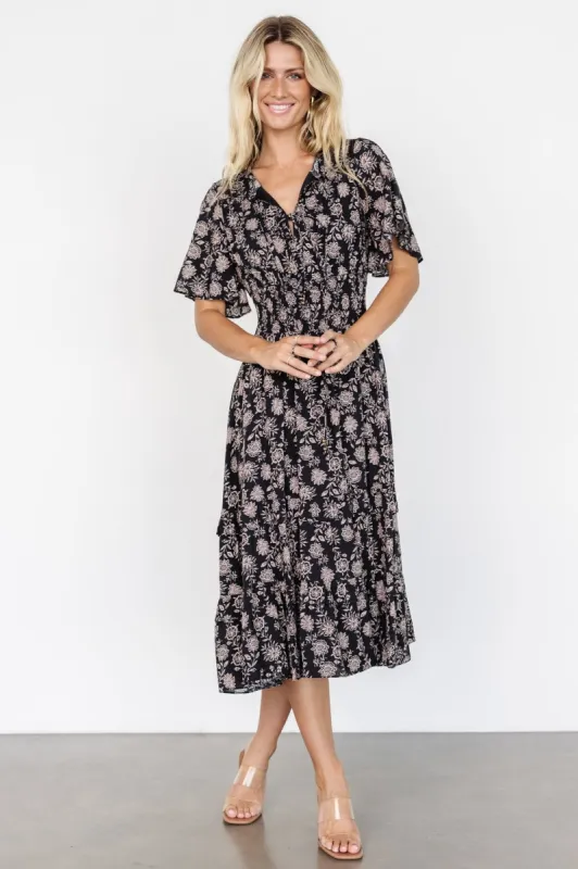 Spell Boho Midi Dress | Black + Taupe Floral sold by Baltic Born