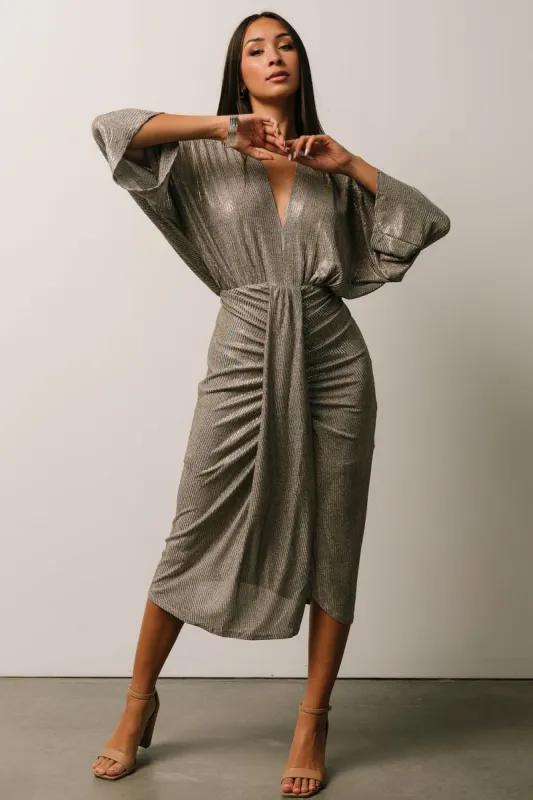 Ciara Ruched Midi Dress | Silver Metallic sold by Baltic Born