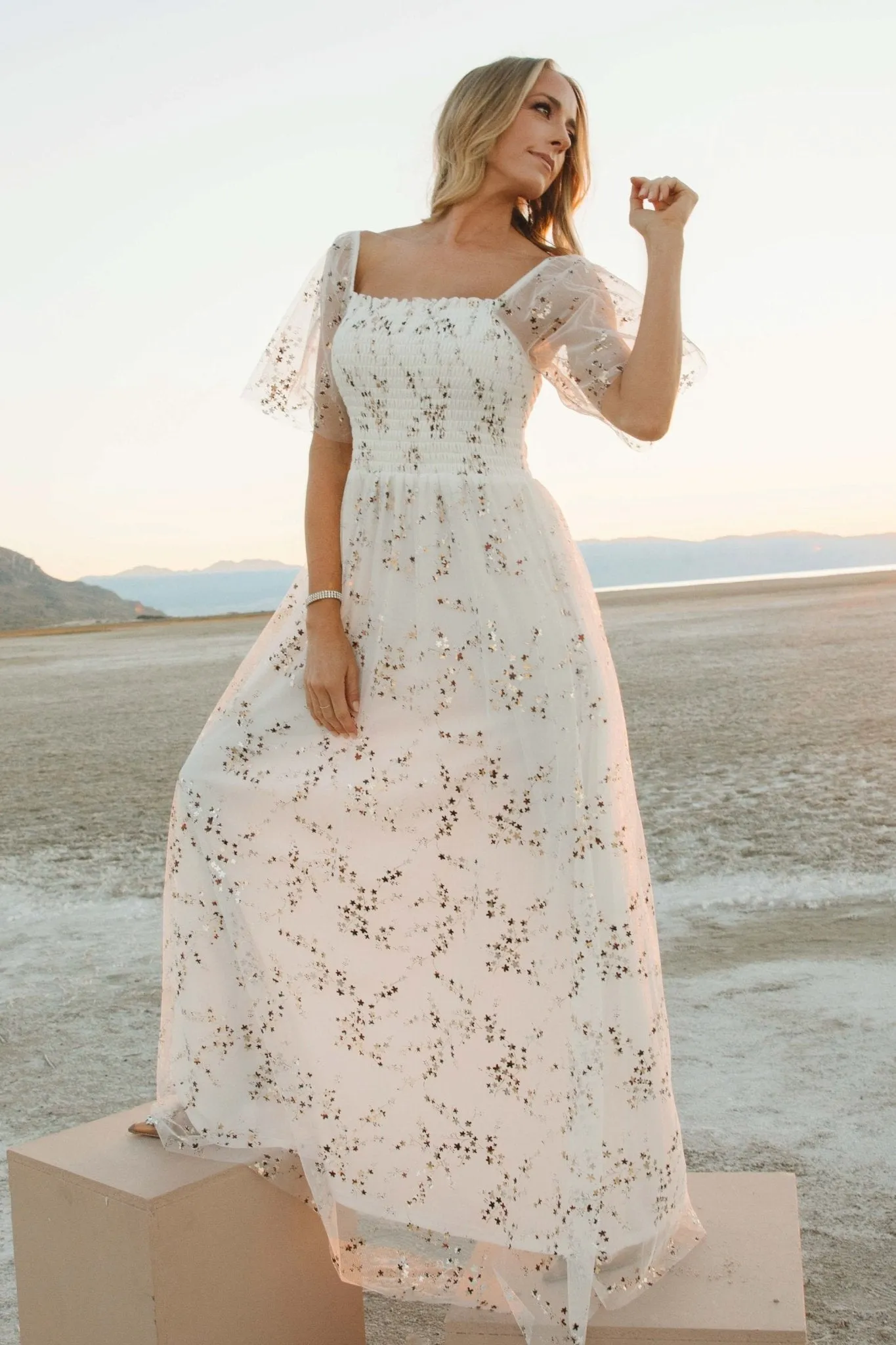 Cassandra Tulle Maxi Dress | Metallic White sold by Baltic Born product image thumbnail 4