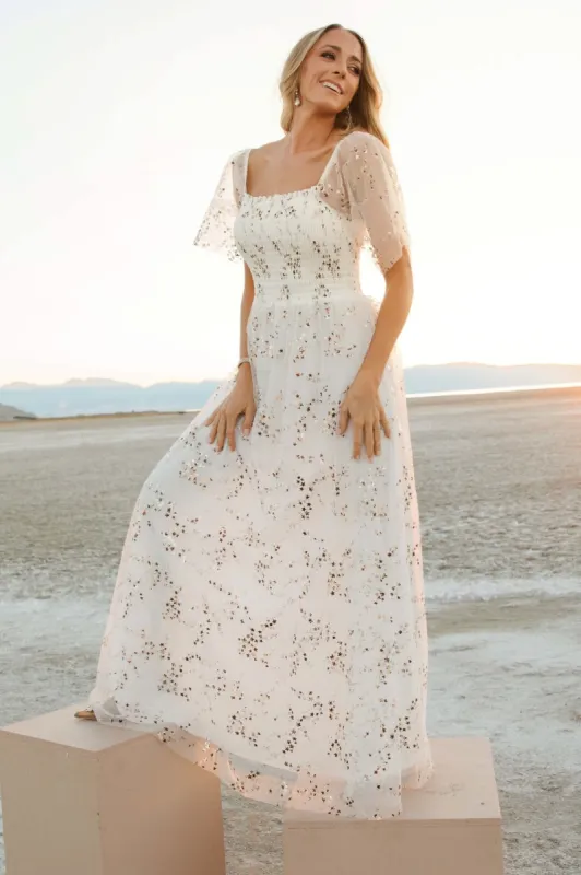 Cassandra Tulle Maxi Dress | Metallic White sold by Baltic Born