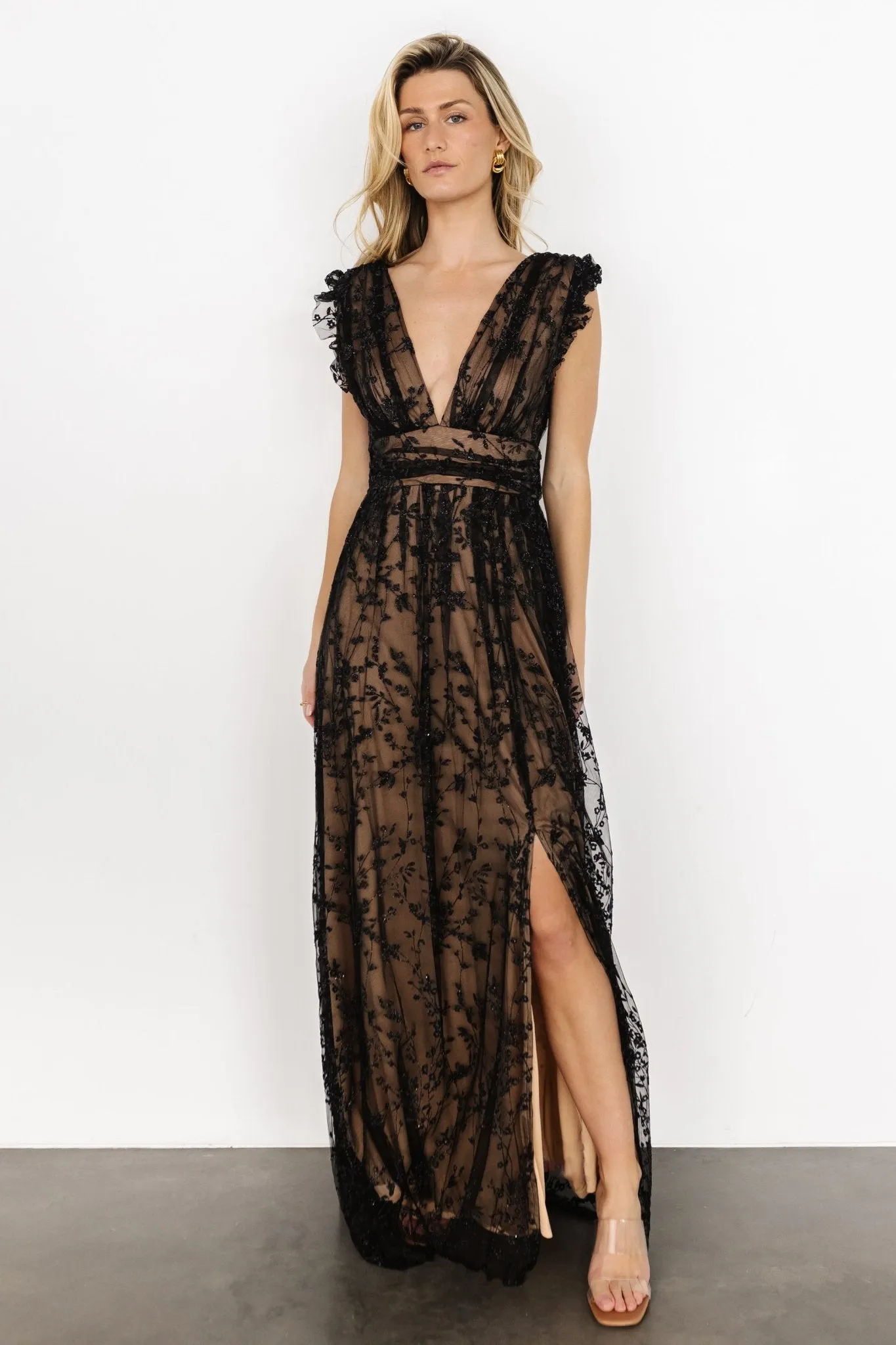 Arlene Shimmer Gown | Black + Nude sold by Baltic Born