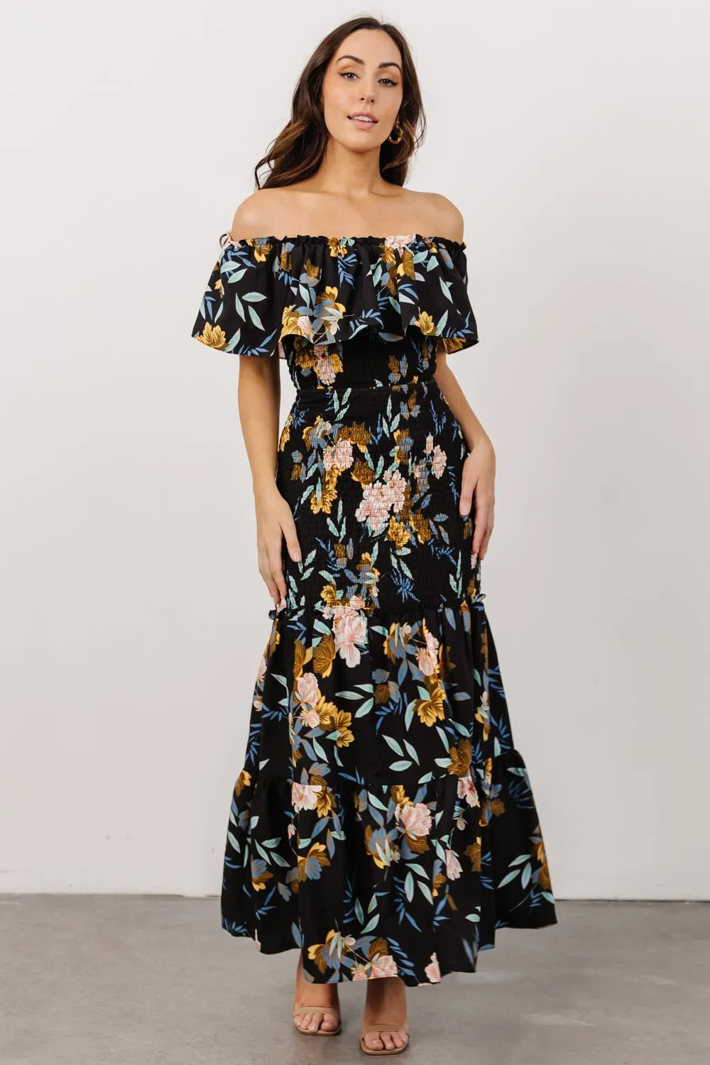 Amalfi Smocked Maxi Dress | Midnight Floral sold by Baltic Born