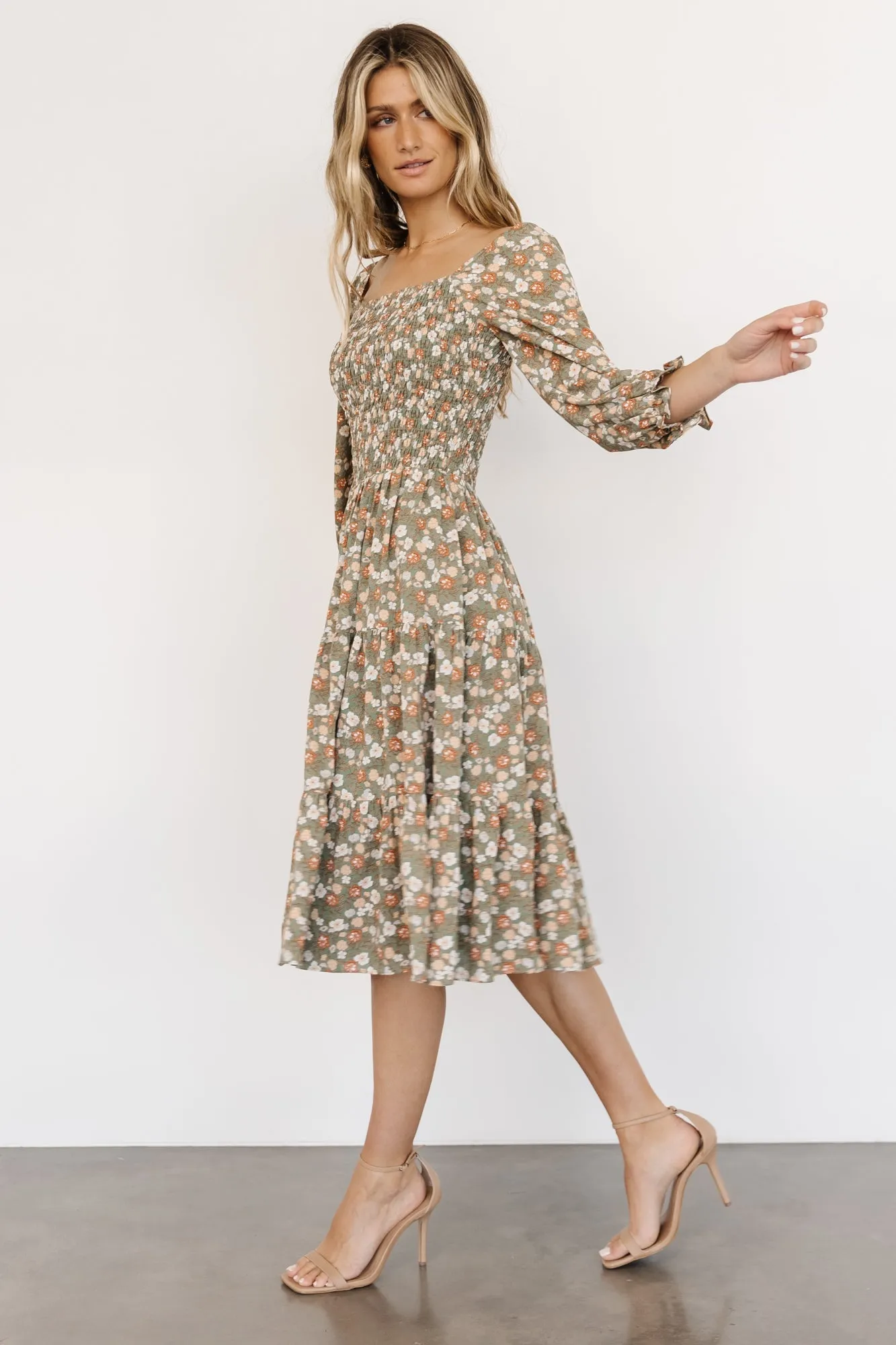 Marta Smocked Midi Dress | Dusty Olive Floral sold by Baltic Born product image thumbnail 3
