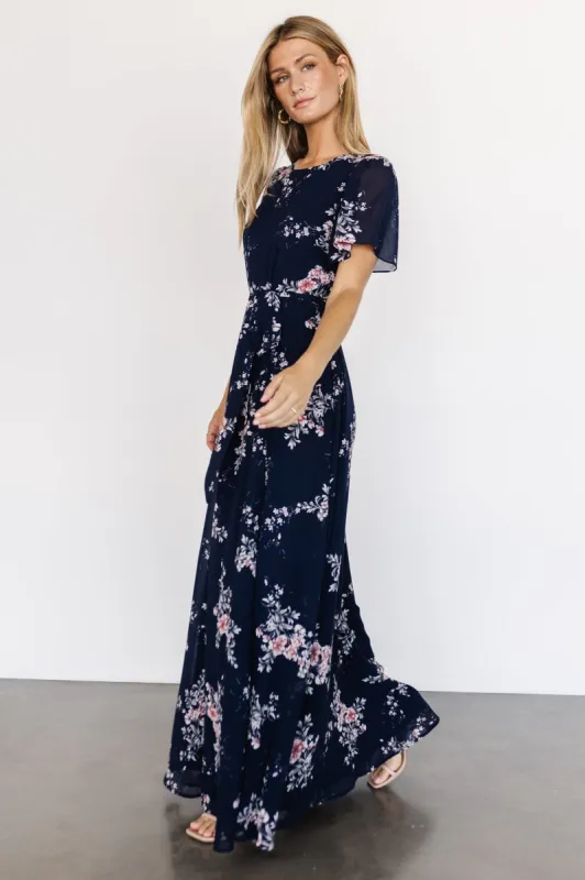 Naomi Short Sleeve Maxi Dress | Navy Floral sold by Baltic Born