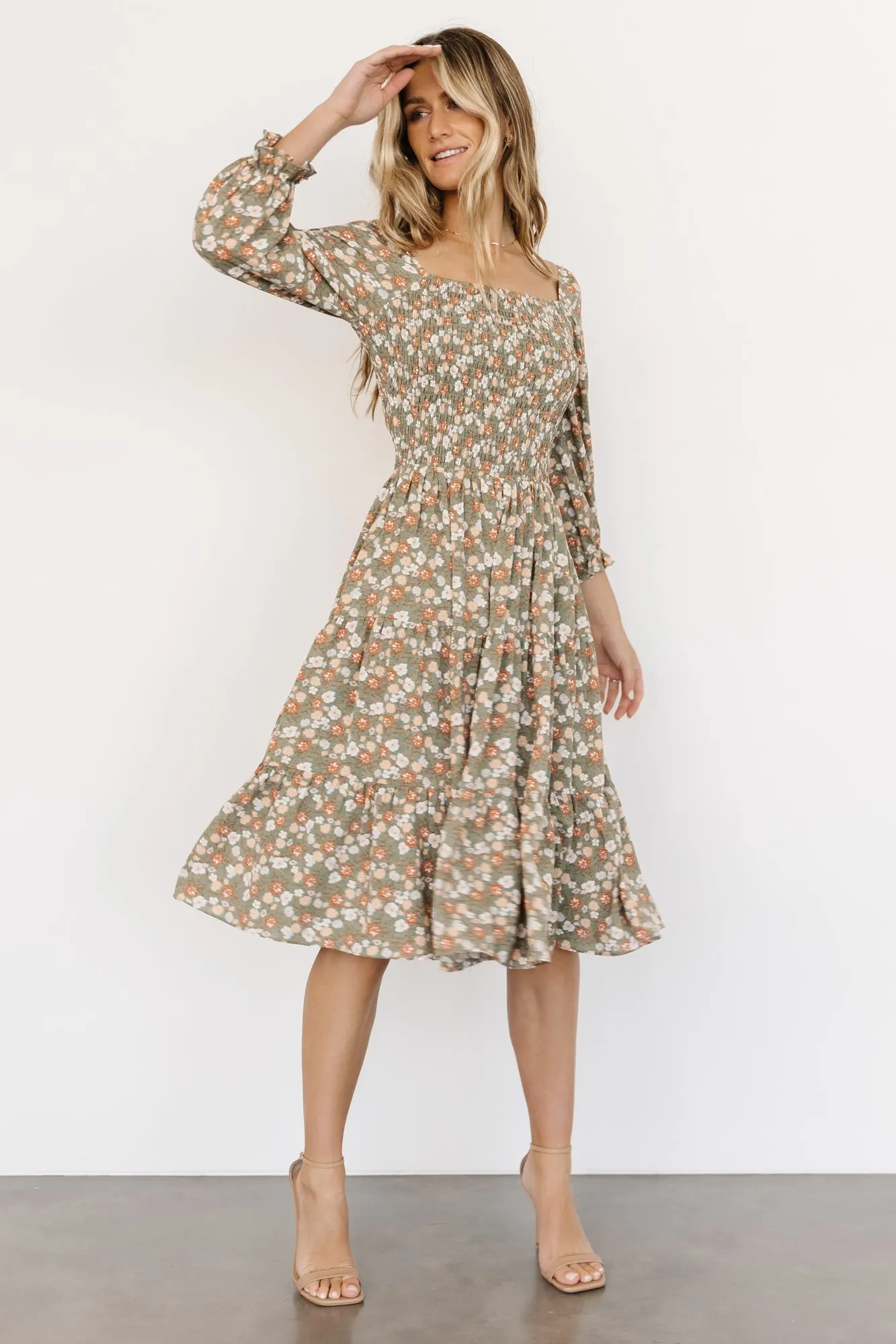 Marta Smocked Midi Dress | Dusty Olive Floral sold by Baltic Born product image thumbnail 4