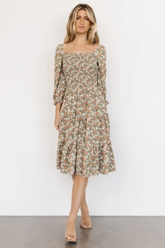 Marta Smocked Midi Dress | Dusty Olive Floral sold by Baltic Born