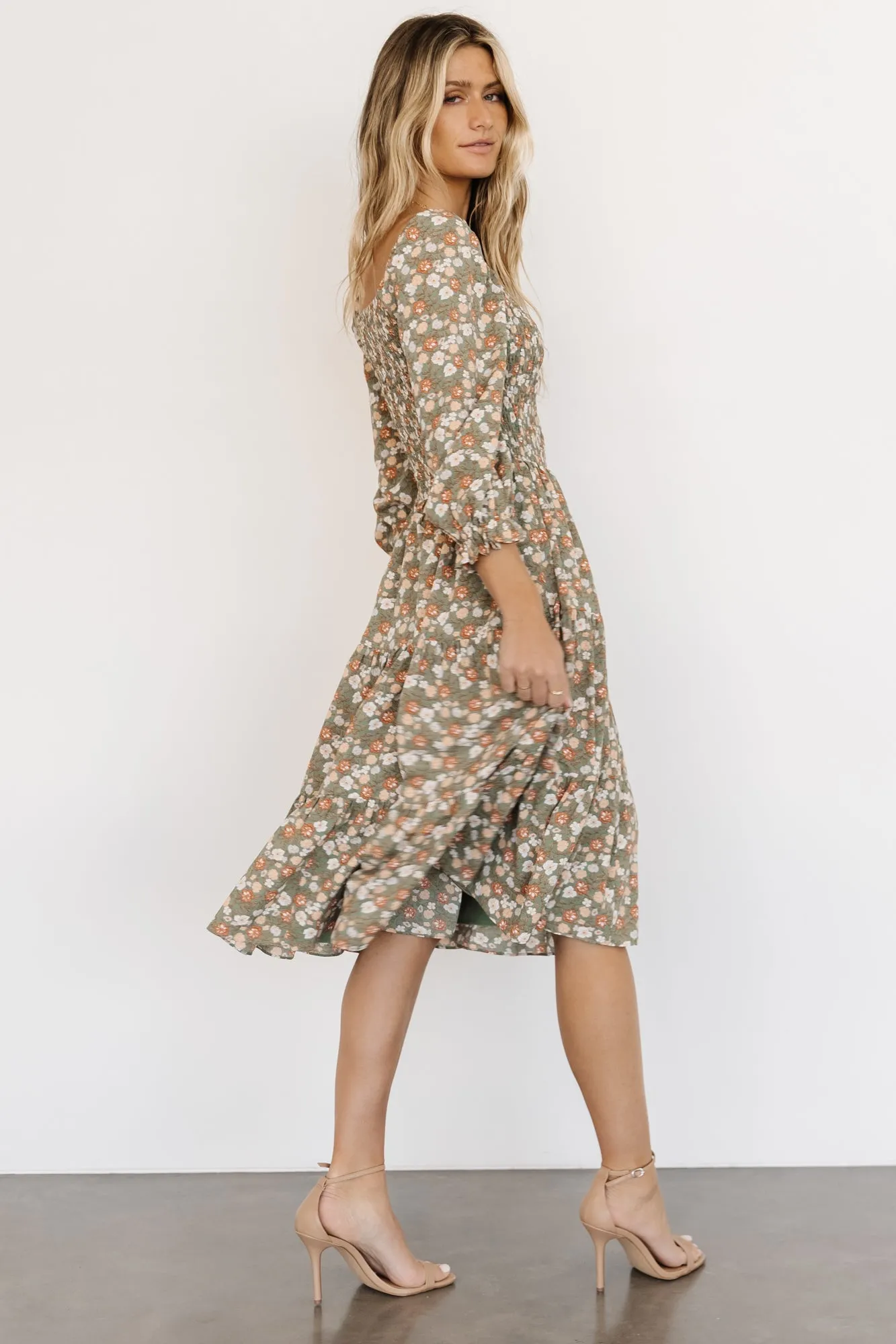 Marta Smocked Midi Dress | Dusty Olive Floral sold by Baltic Born product image thumbnail 5