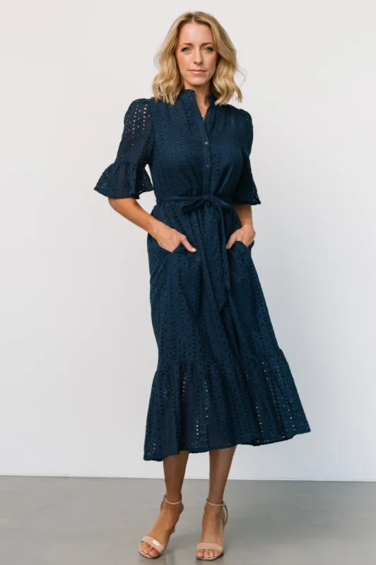 Virginia Eyelet Midi Dress | Navy sold by Baltic Born