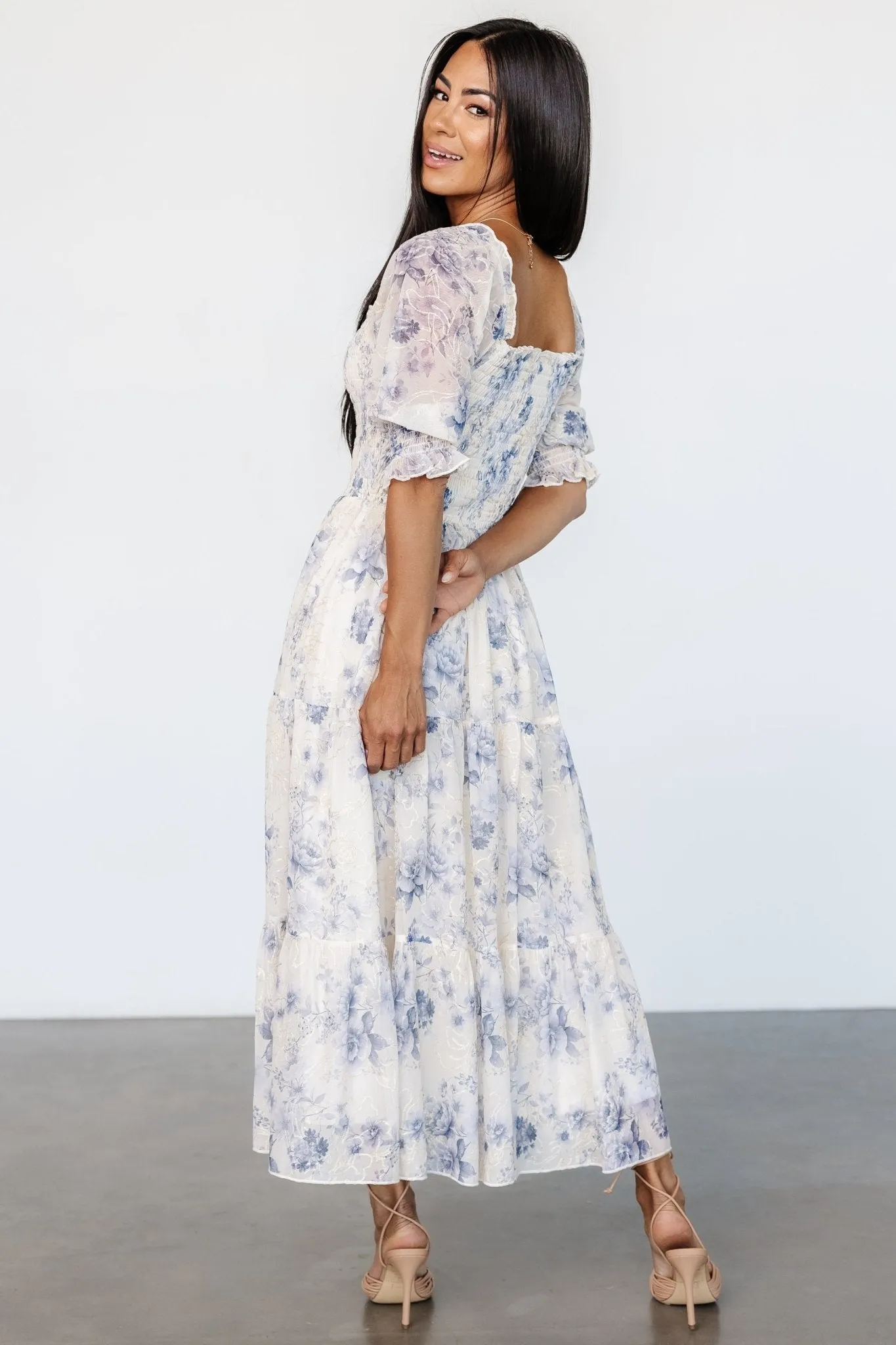 Fabian Jacquard Midi Dress | Cream + Blue Floral sold by Baltic Born product image thumbnail 3