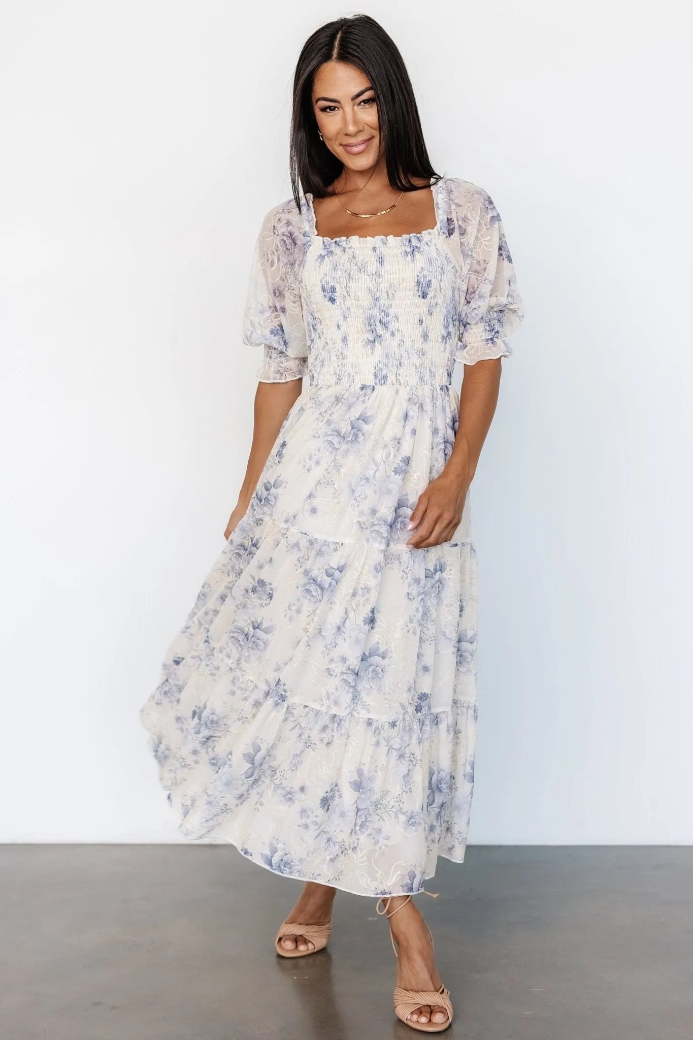 Fabian Jacquard Midi Dress | Cream + Blue Floral sold by Baltic Born