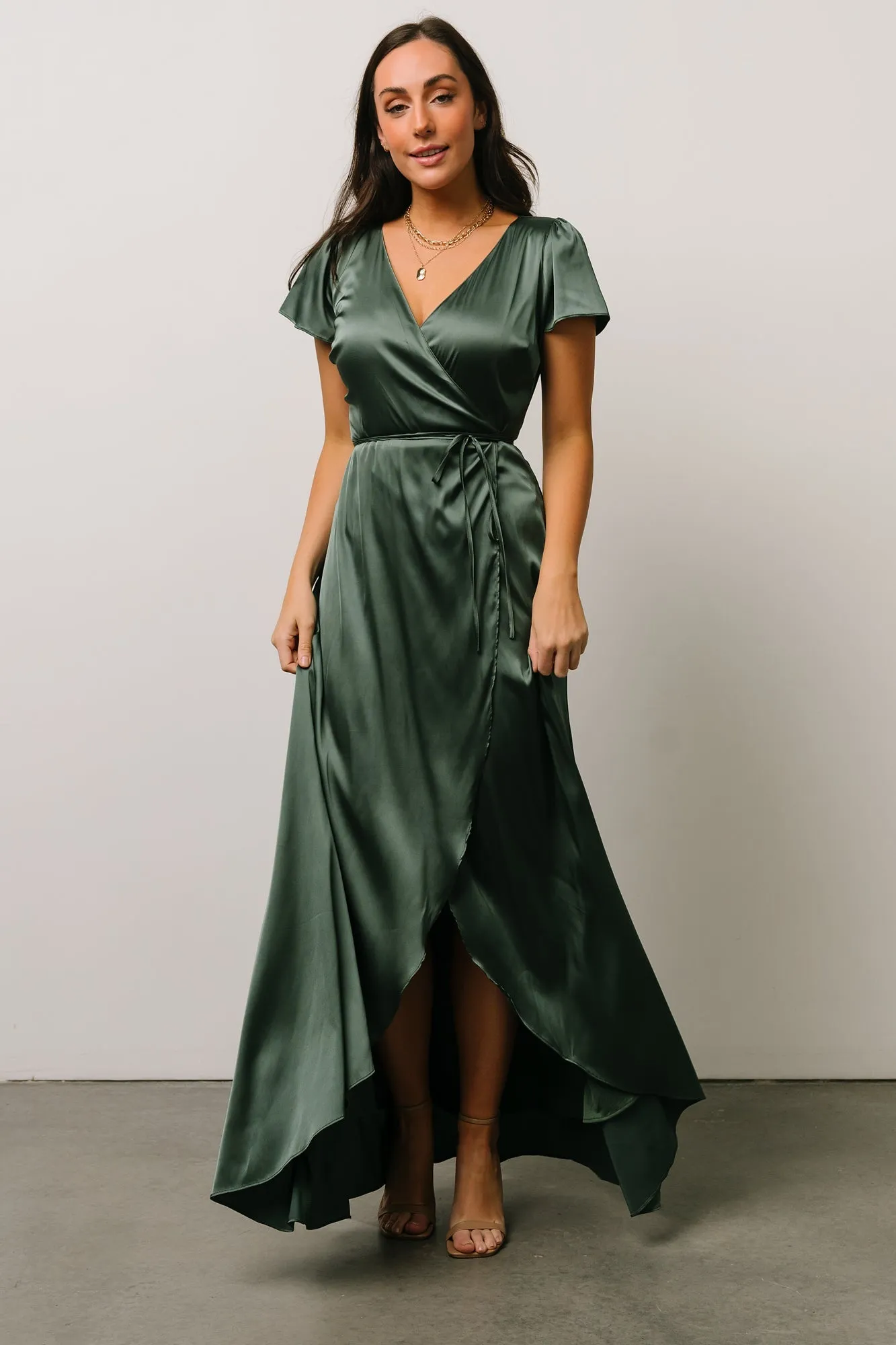 Krystal Satin Wrap Gown | Winter Green sold by Baltic Born