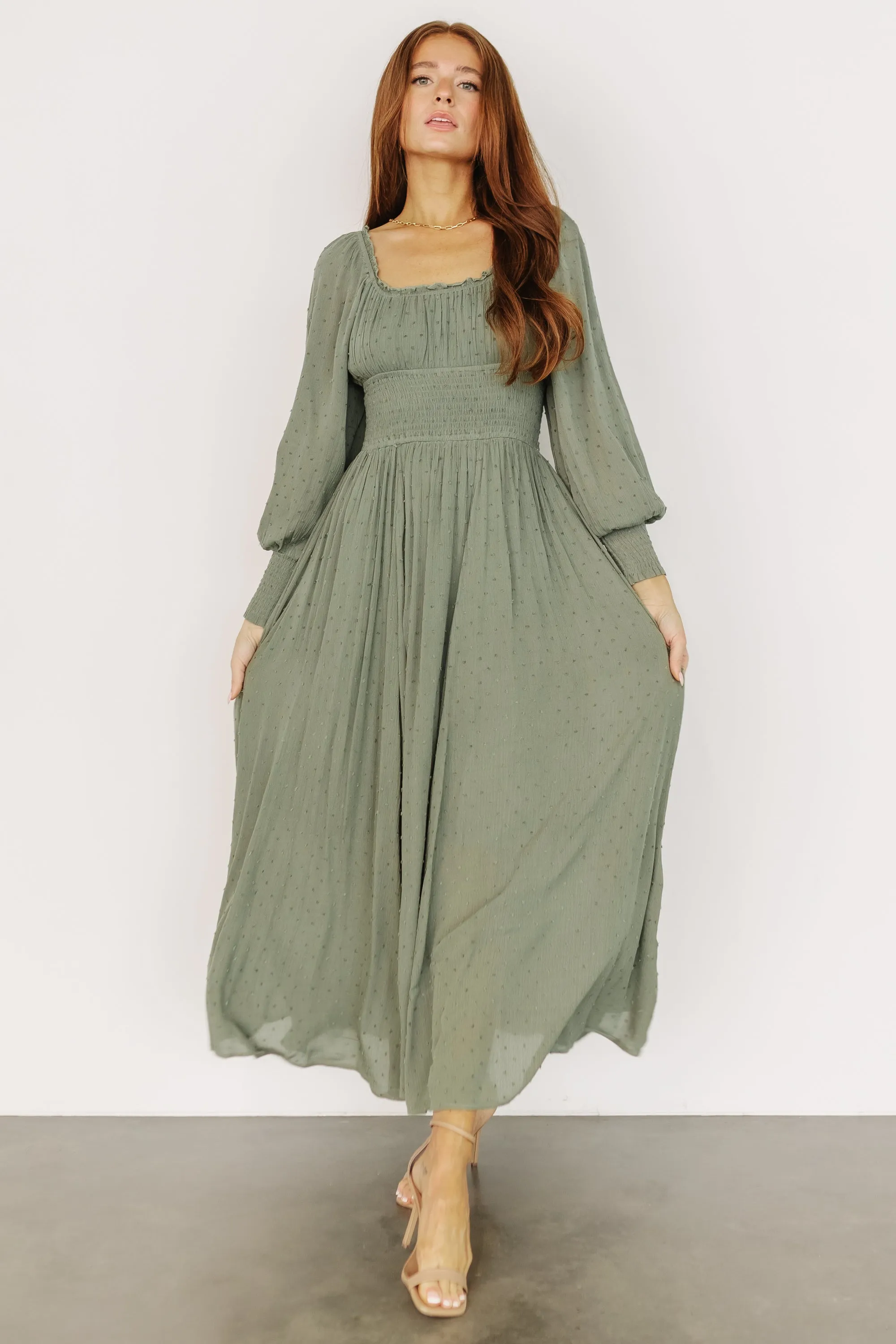 Renata Dot Maxi Dress | Dusty Olive sold by Baltic Born