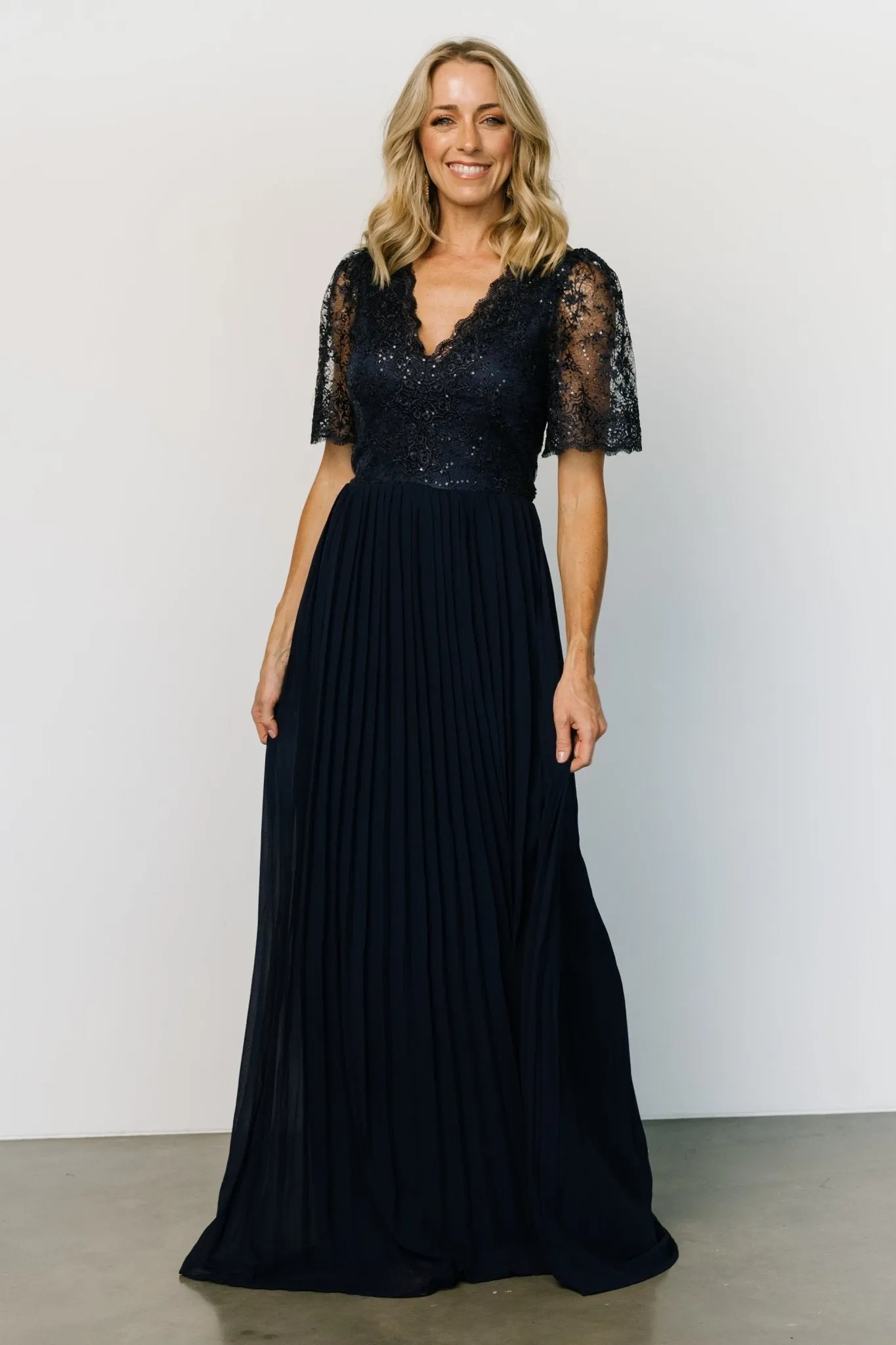 Josephine Pleated Maxi Dress | Navy sold by Baltic Born