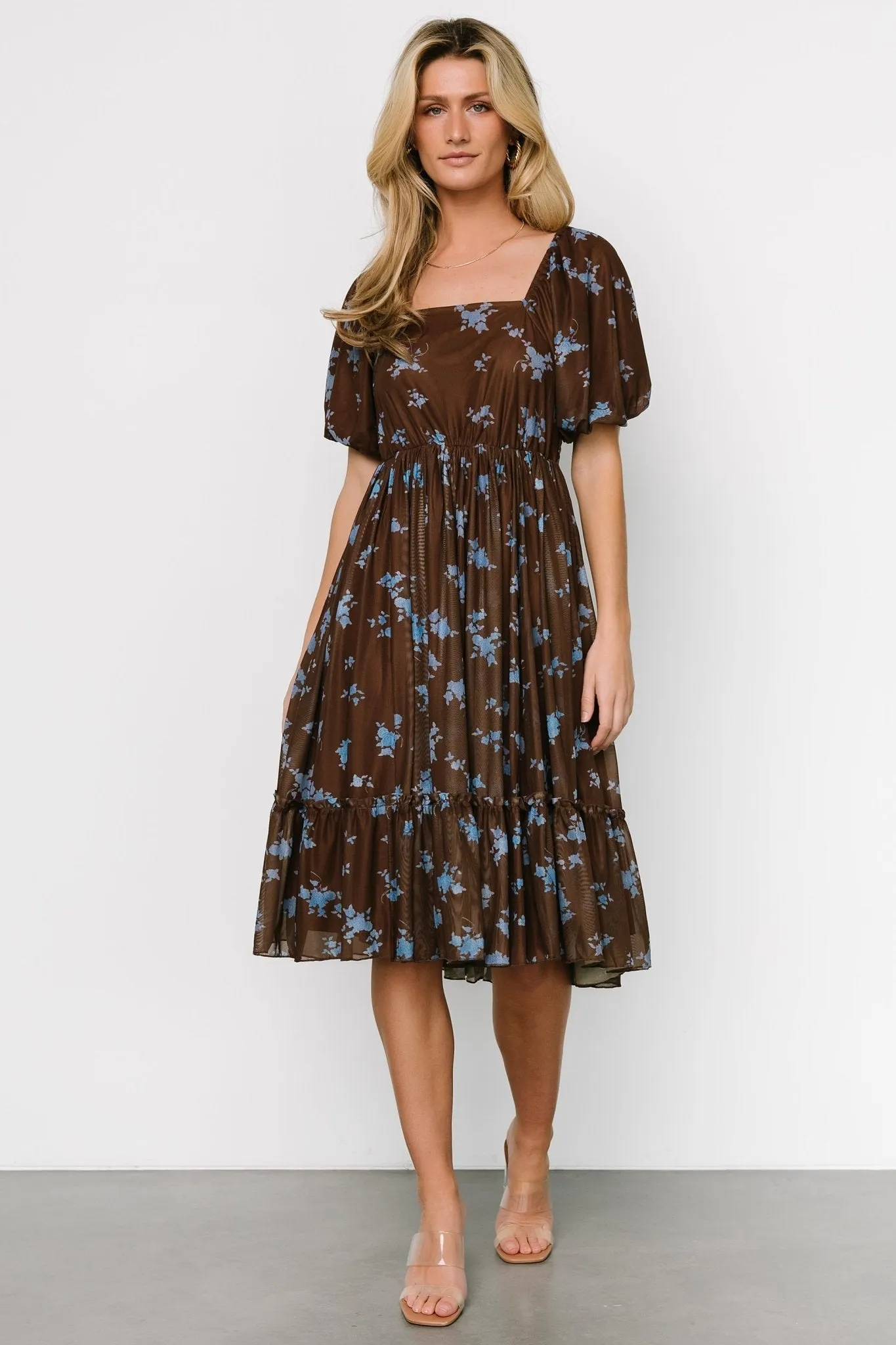 Millar Midi Dress | Brown + Blue Floral sold by Baltic Born