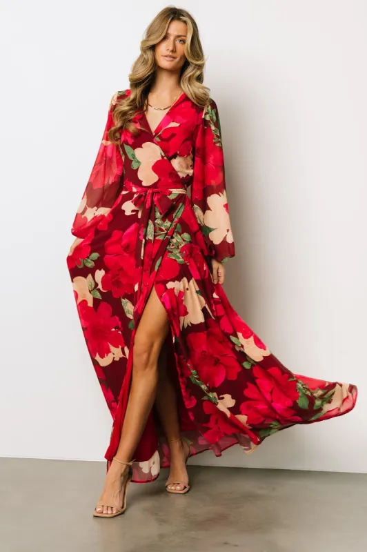 Katinka Wrap Maxi Dress | Burgundy Multi Floral sold by Baltic Born