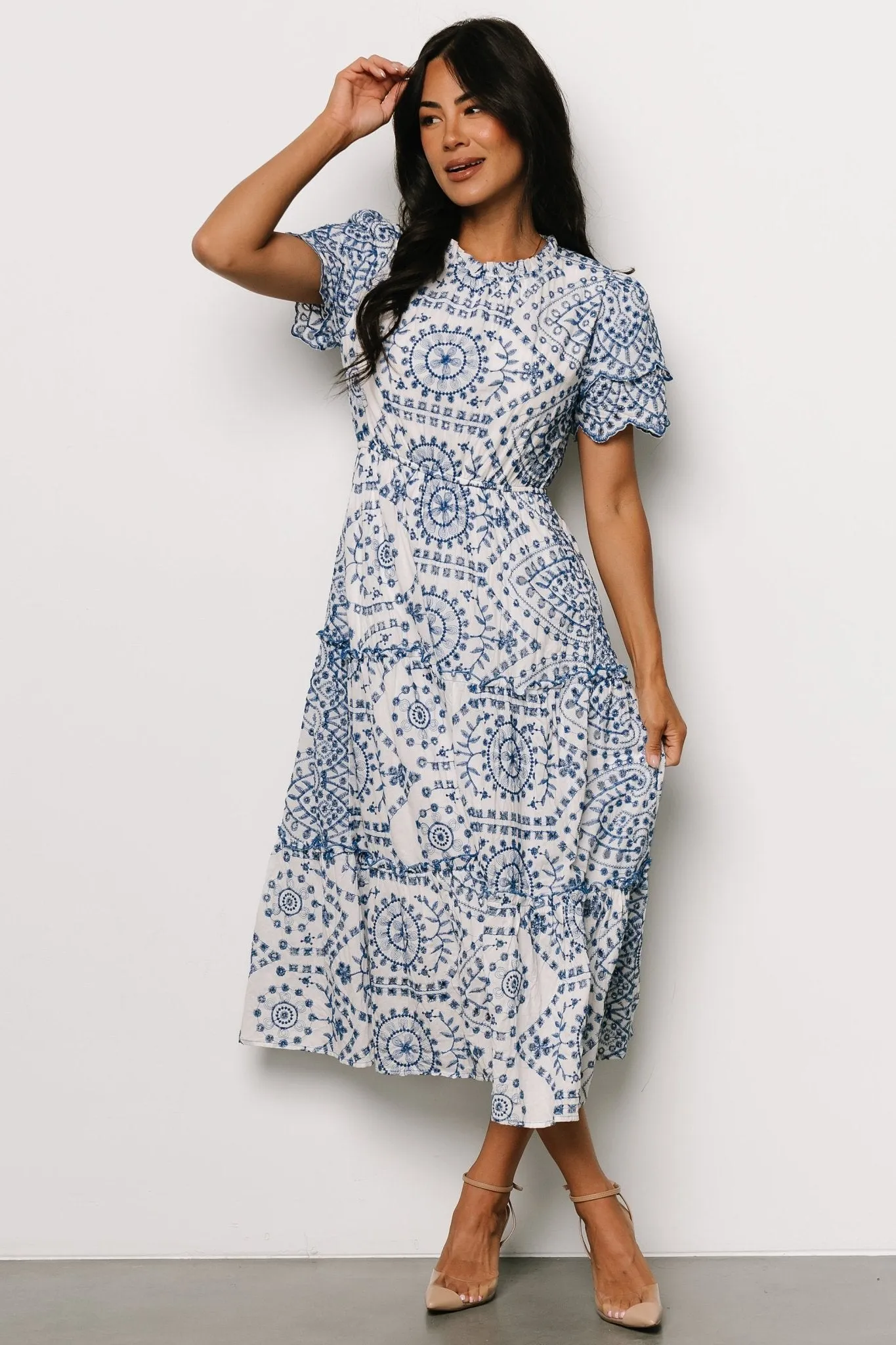 Mirabel Eyelet Midi Dress | White + Blue sold by Baltic Born