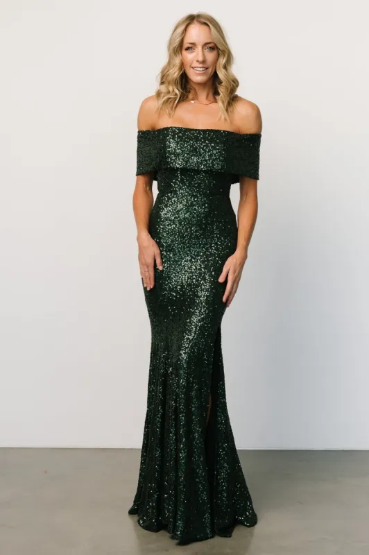 Yvonne Off Shoulder Sequin Gown | Green made by Baltic Born