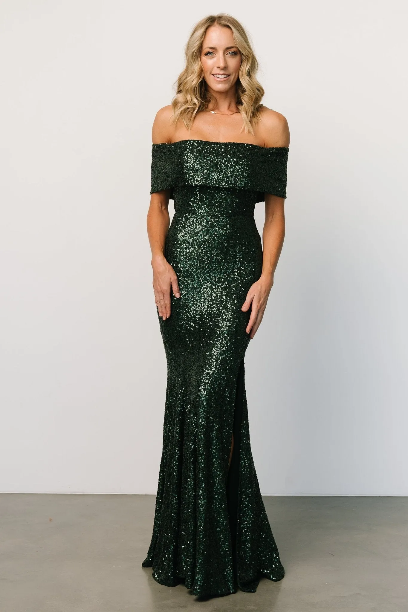Yvonne Off Shoulder Sequin Gown | Green sold by Baltic Born