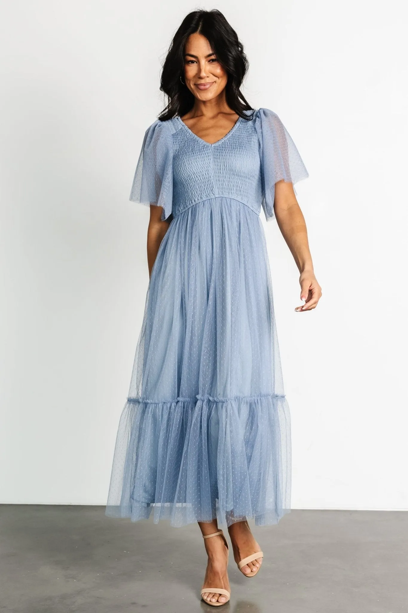 Martha Smocked Tulle Dress | Dusty Blue sold by Baltic Born