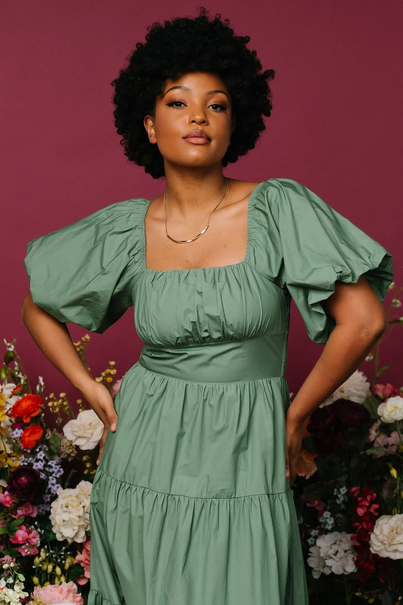 Cindy Puff Sleeve Tiered Dress | Dusty Green sold by Baltic Born product image thumbnail 5