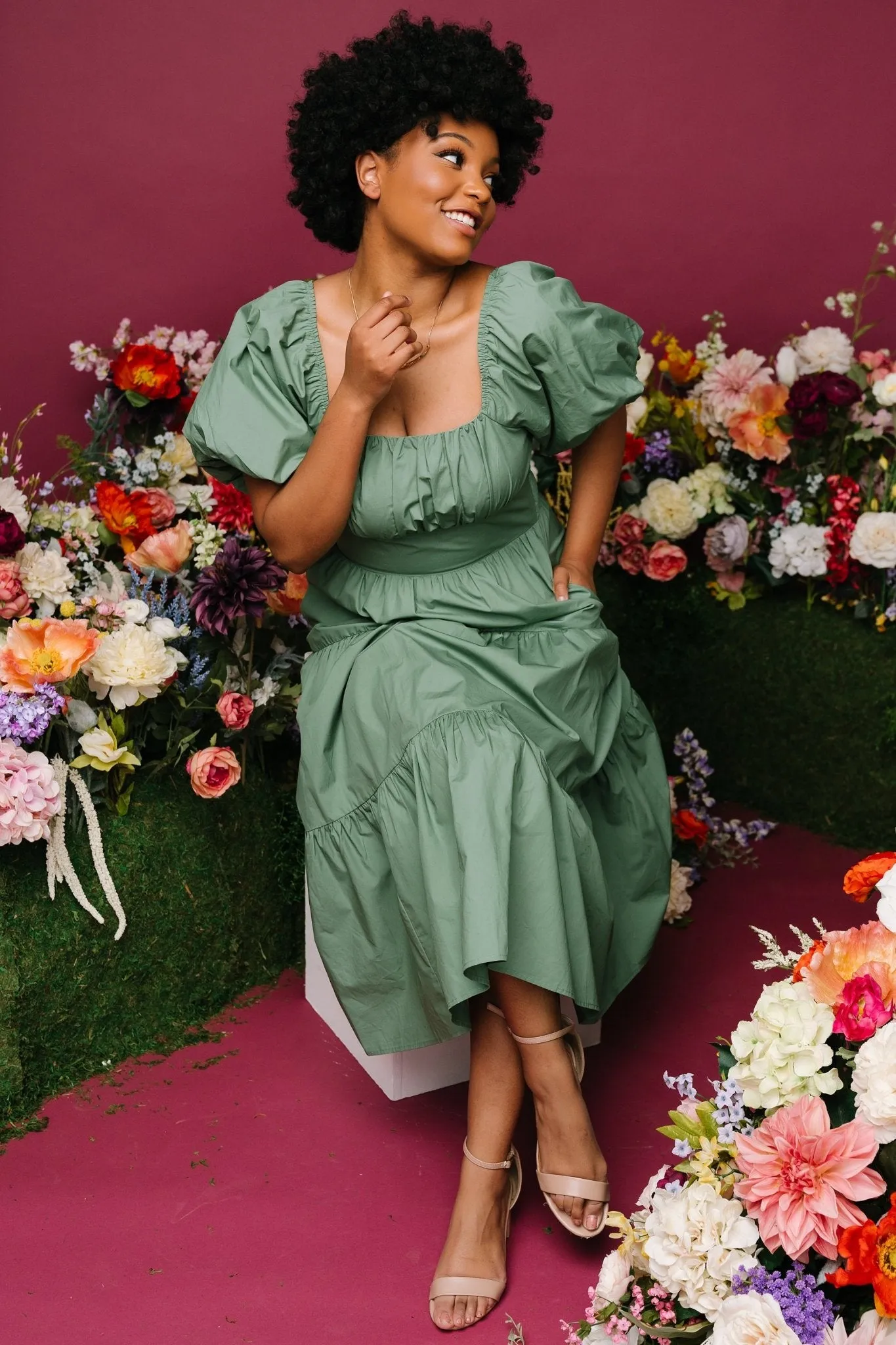 Cindy Puff Sleeve Tiered Dress | Dusty Green sold by Baltic Born