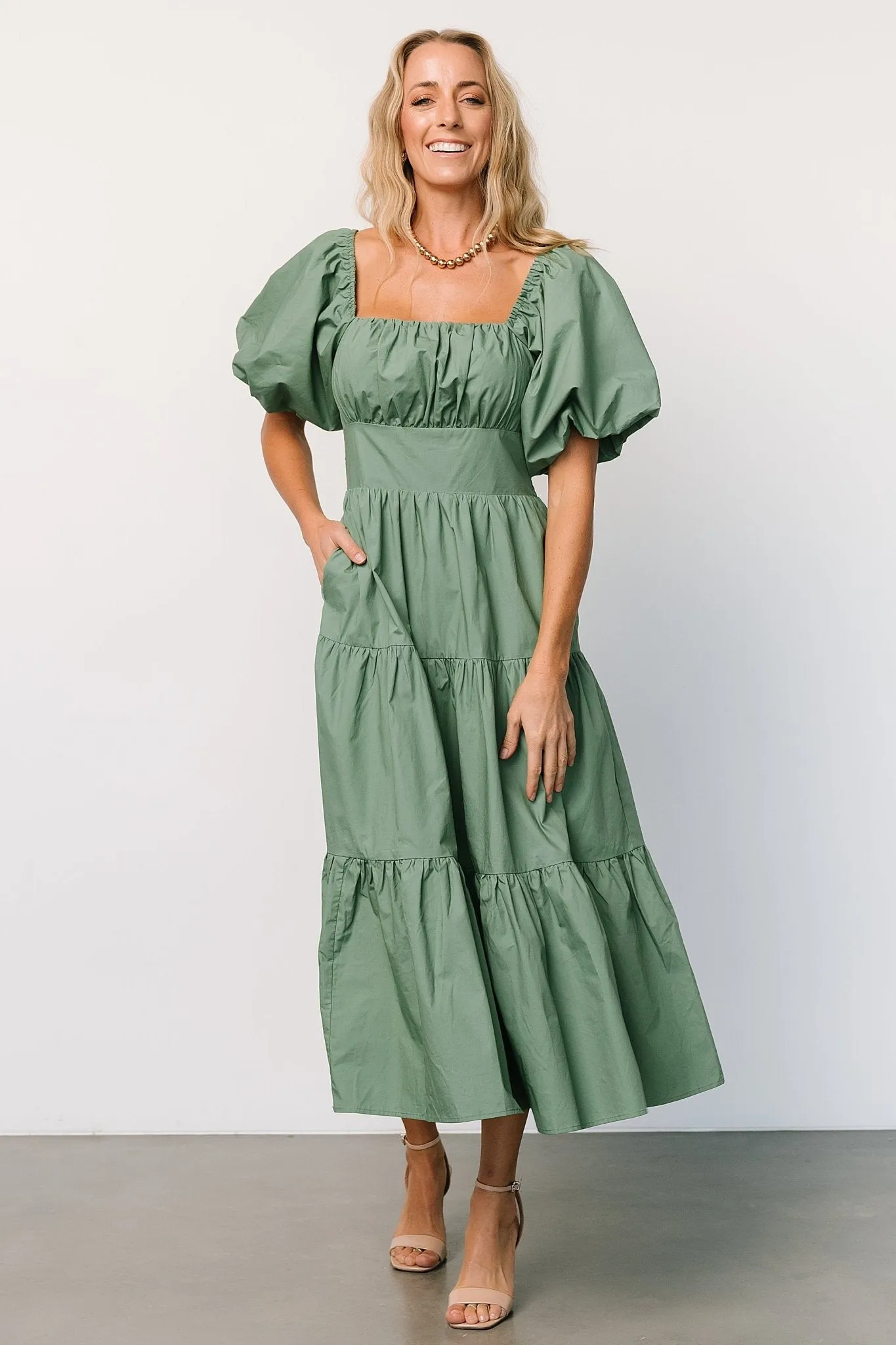 Cindy Puff Sleeve Tiered Dress | Dusty Green sold by Baltic Born product image thumbnail 2