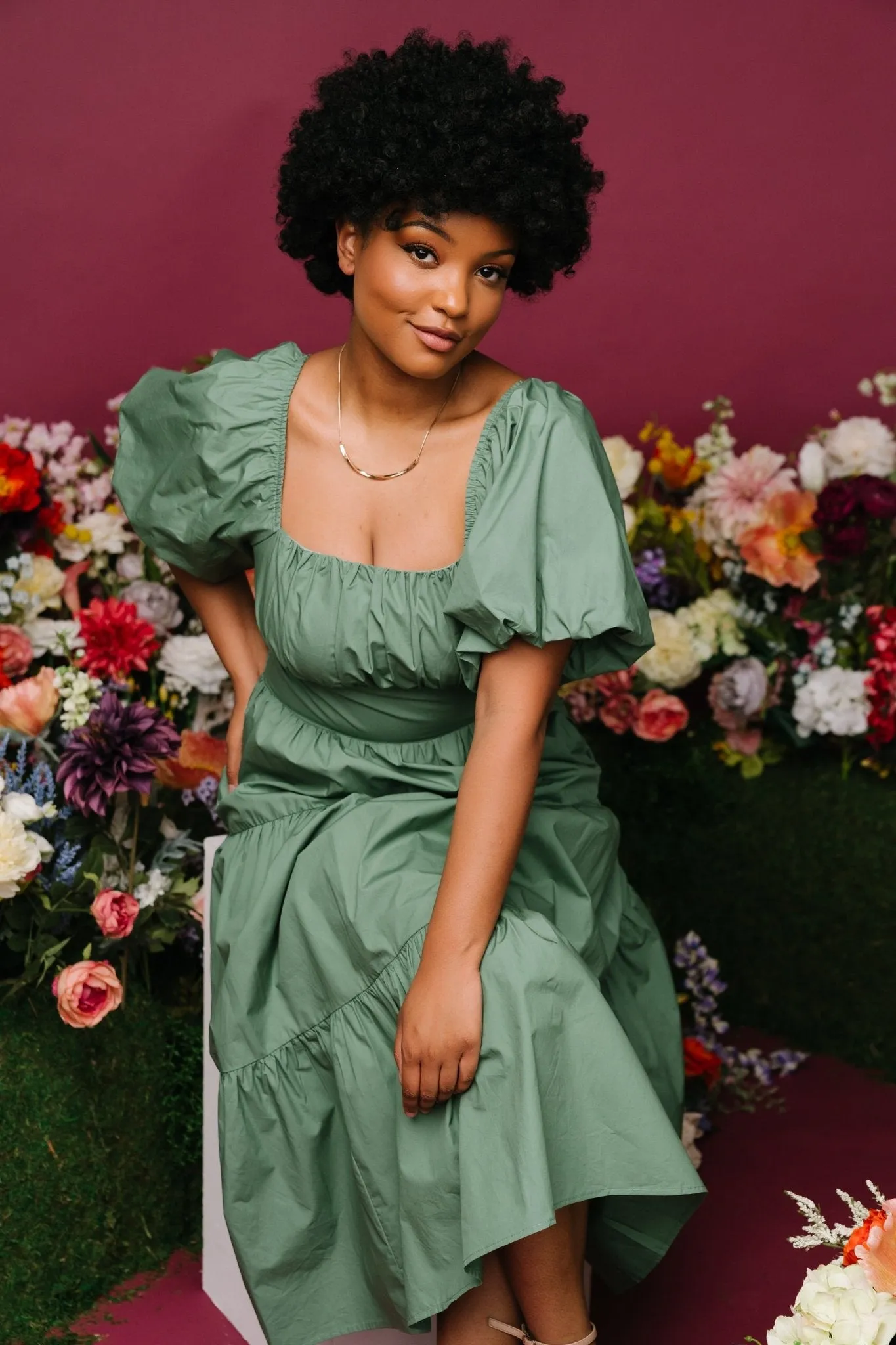 Cindy Puff Sleeve Tiered Dress | Dusty Green sold by Baltic Born product image thumbnail 3