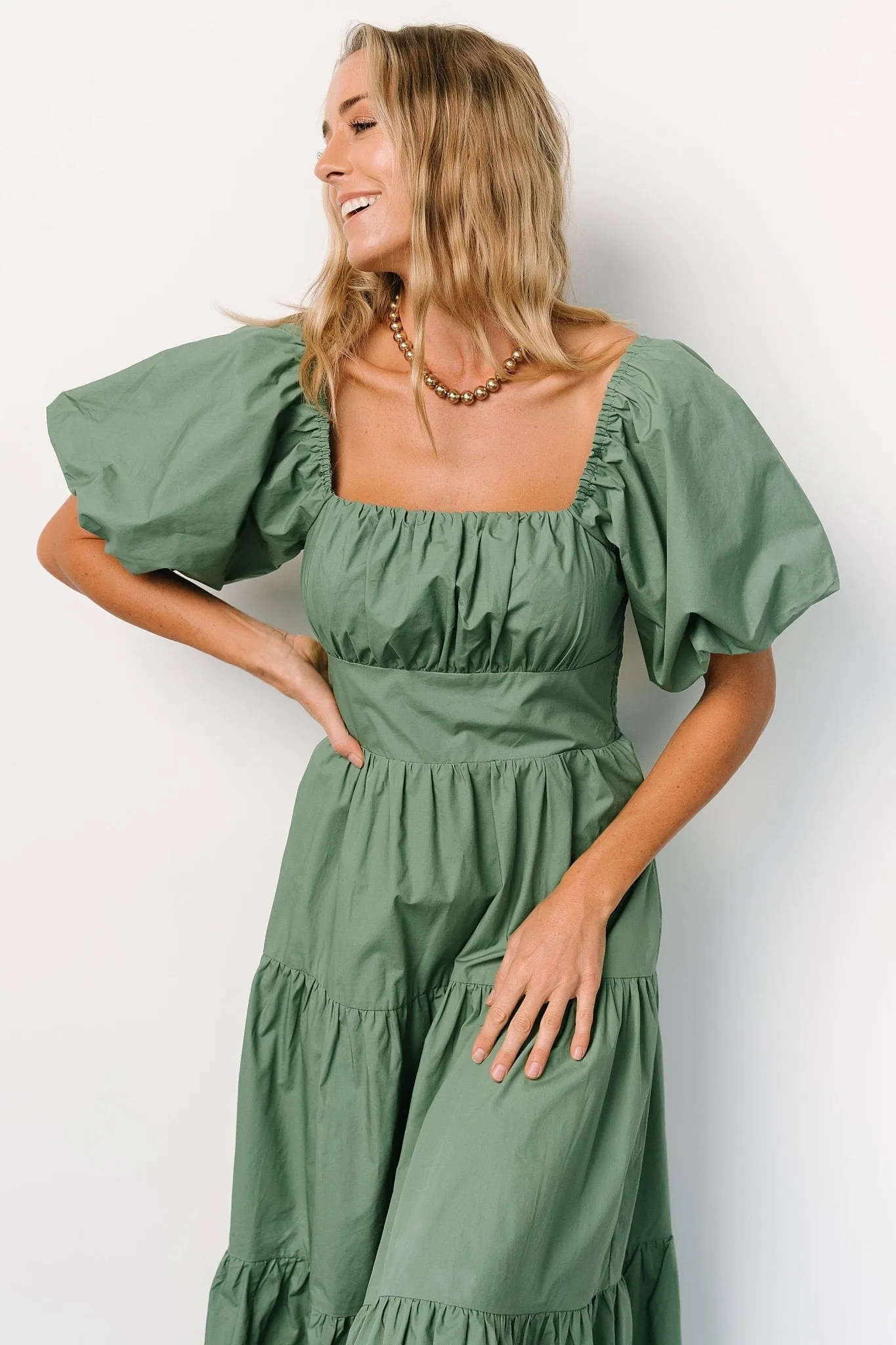 Cindy Puff Sleeve Tiered Dress | Dusty Green sold by Baltic Born product image thumbnail 4