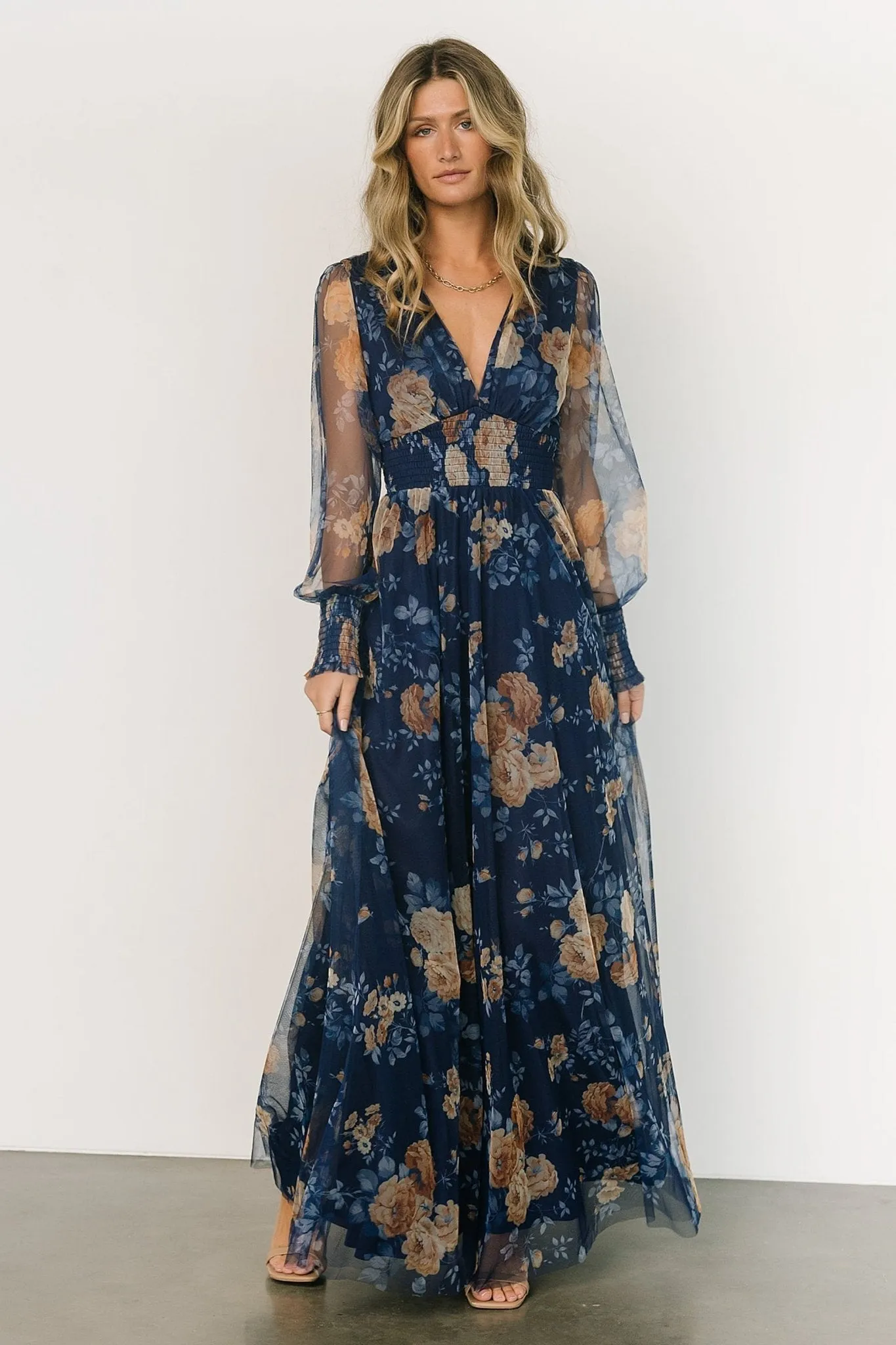 Layla Tulle Maxi Dress | Blue + Golden Floral sold by Baltic Born product image thumbnail 3