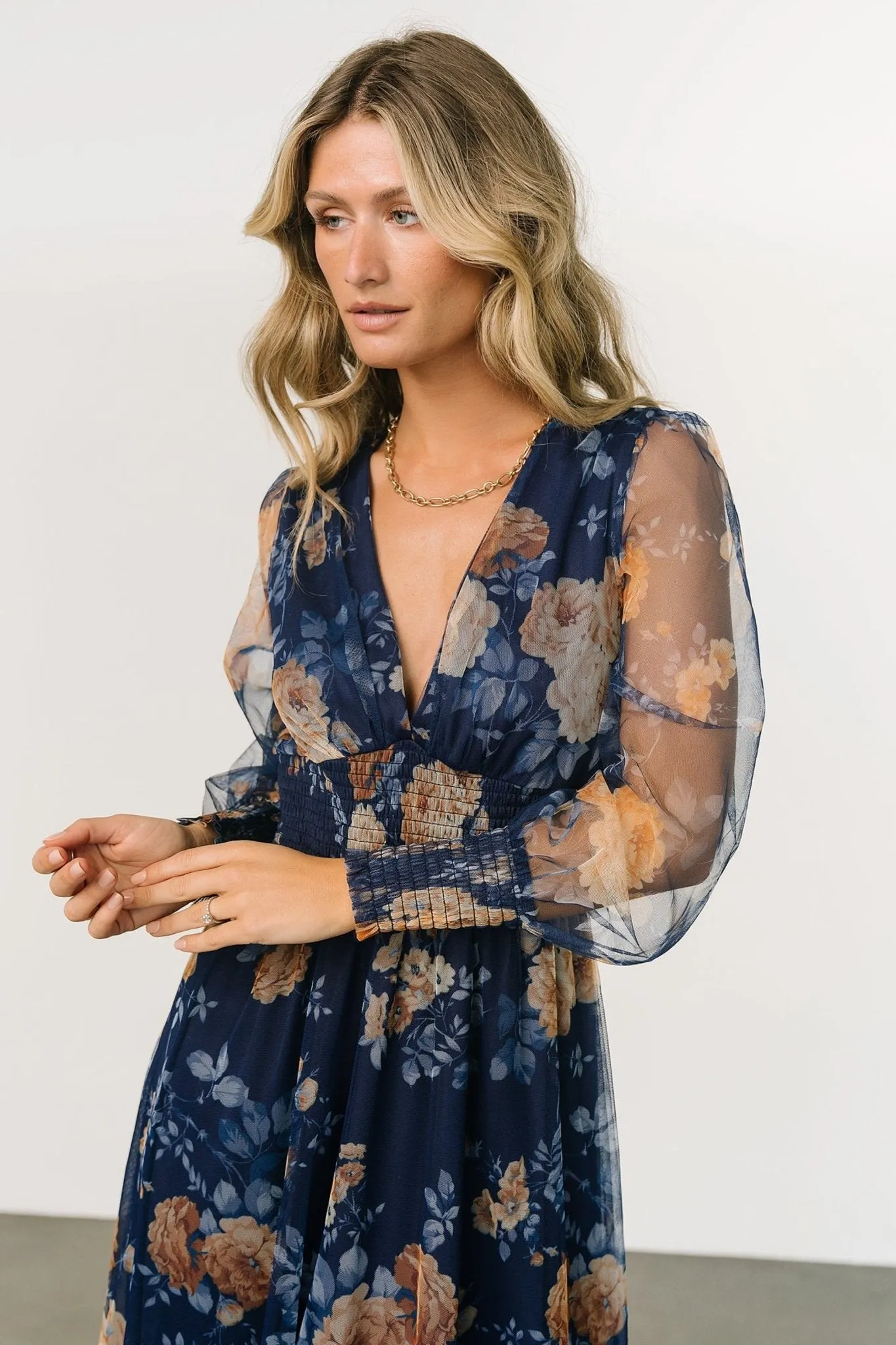 Layla Tulle Maxi Dress | Blue + Golden Floral sold by Baltic Born product image thumbnail 5