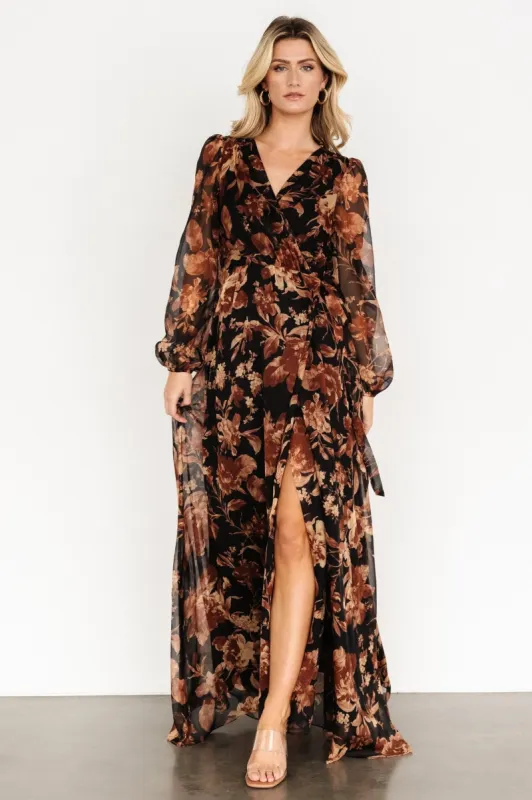 Maura Wrap Maxi Dress | Black Print sold by Baltic Born