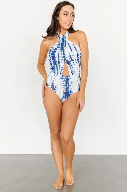 Calypso Cross Neck One Piece | Blue Tie Dye sold by Baltic Born