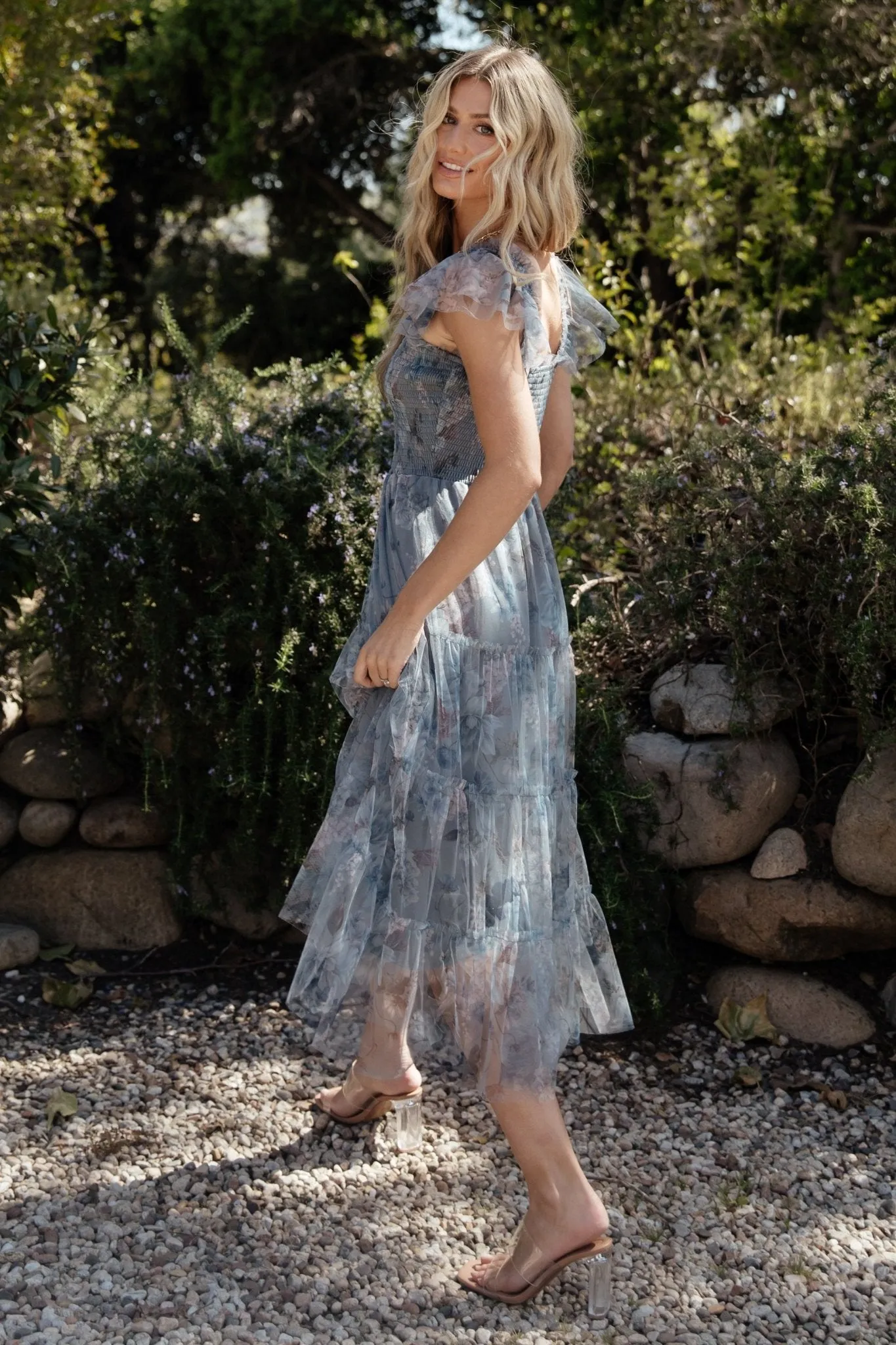Clementine Tulle Midi Dress | Dusty Blue Floral sold by Baltic Born product image thumbnail 3