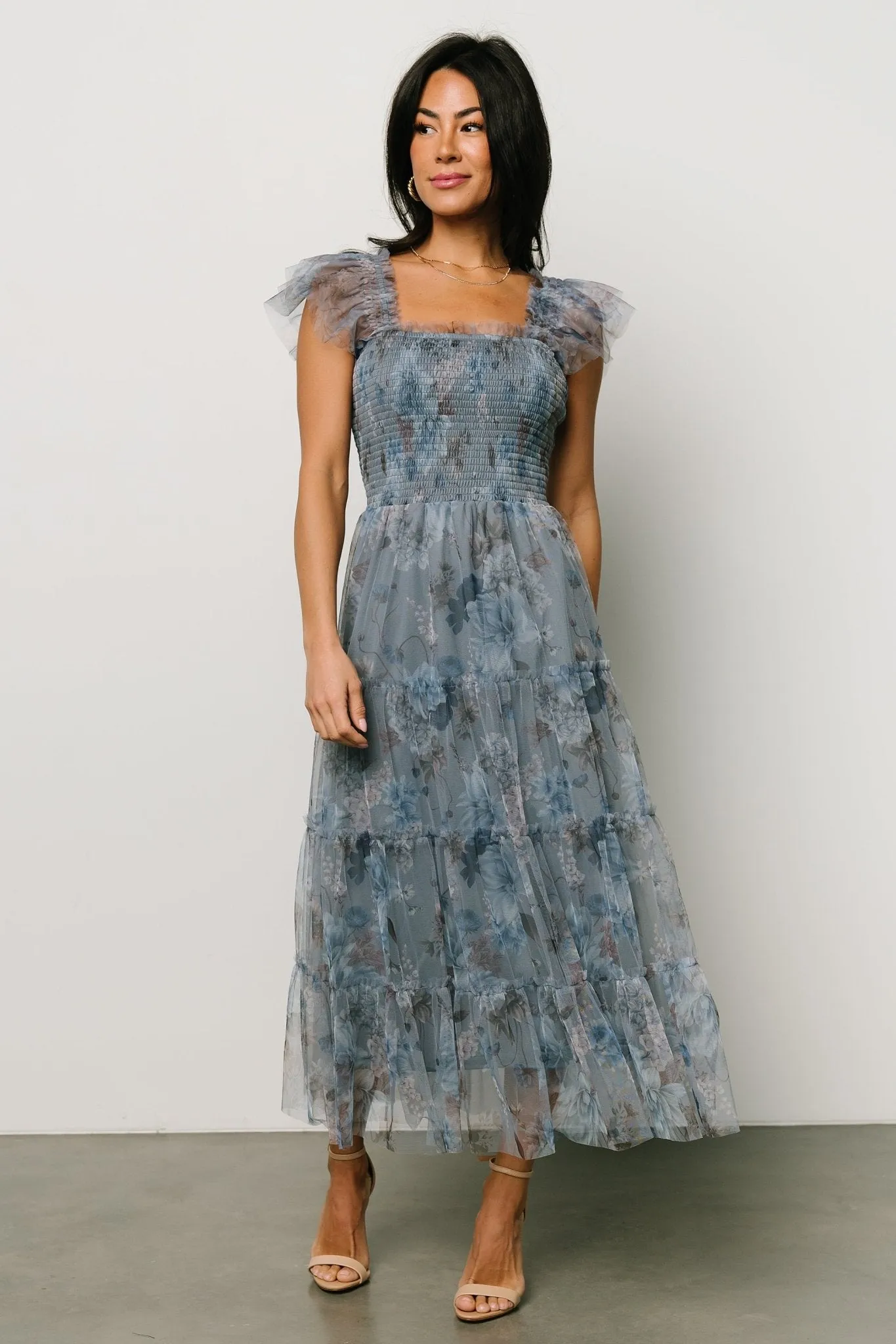 Clementine Tulle Midi Dress | Dusty Blue Floral sold by Baltic Born product image thumbnail 2