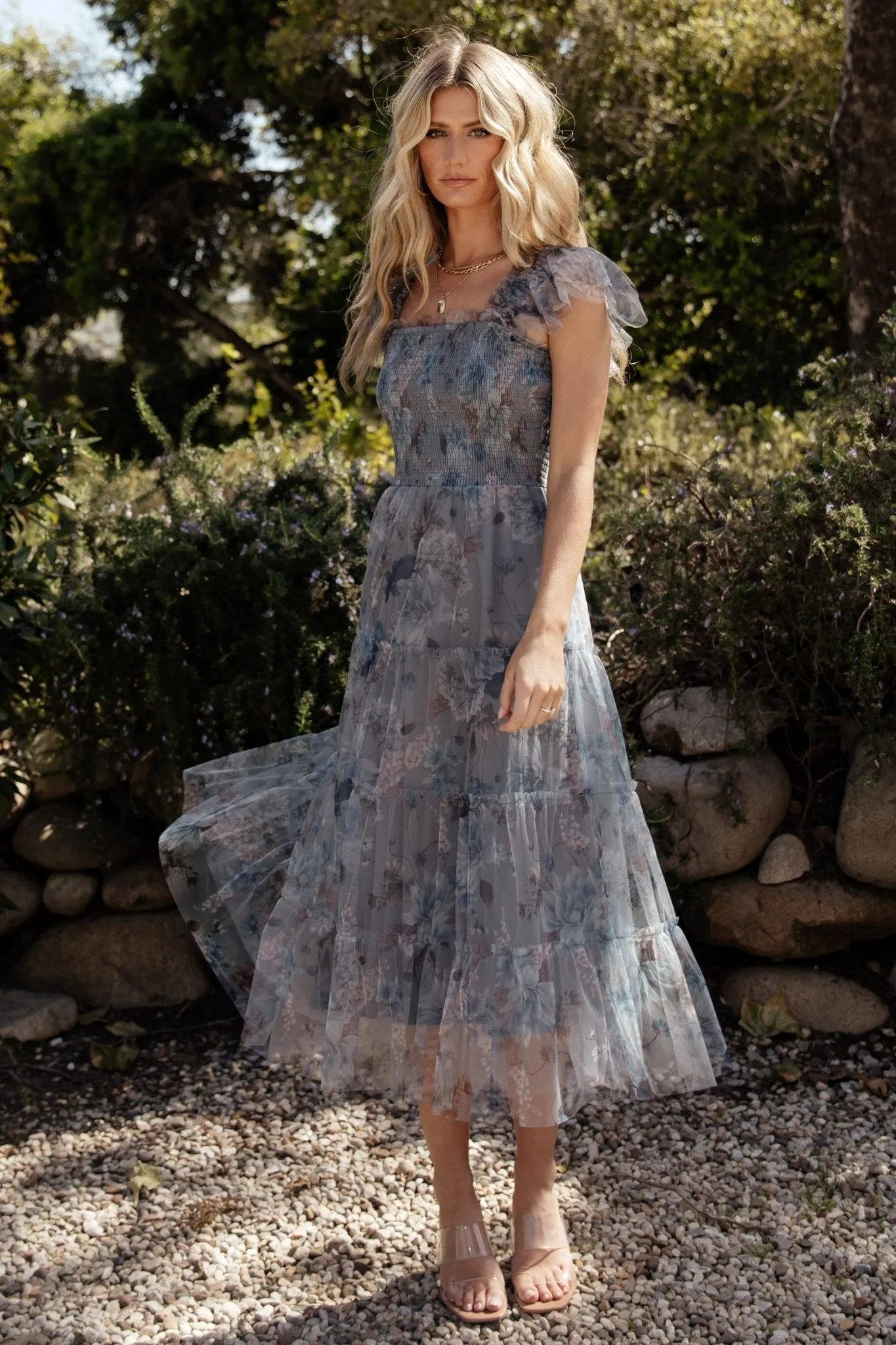Clementine Tulle Midi Dress | Dusty Blue Floral sold by Baltic Born product image thumbnail 5
