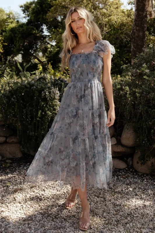 Clementine Tulle Midi Dress | Dusty Blue Floral sold by Baltic Born