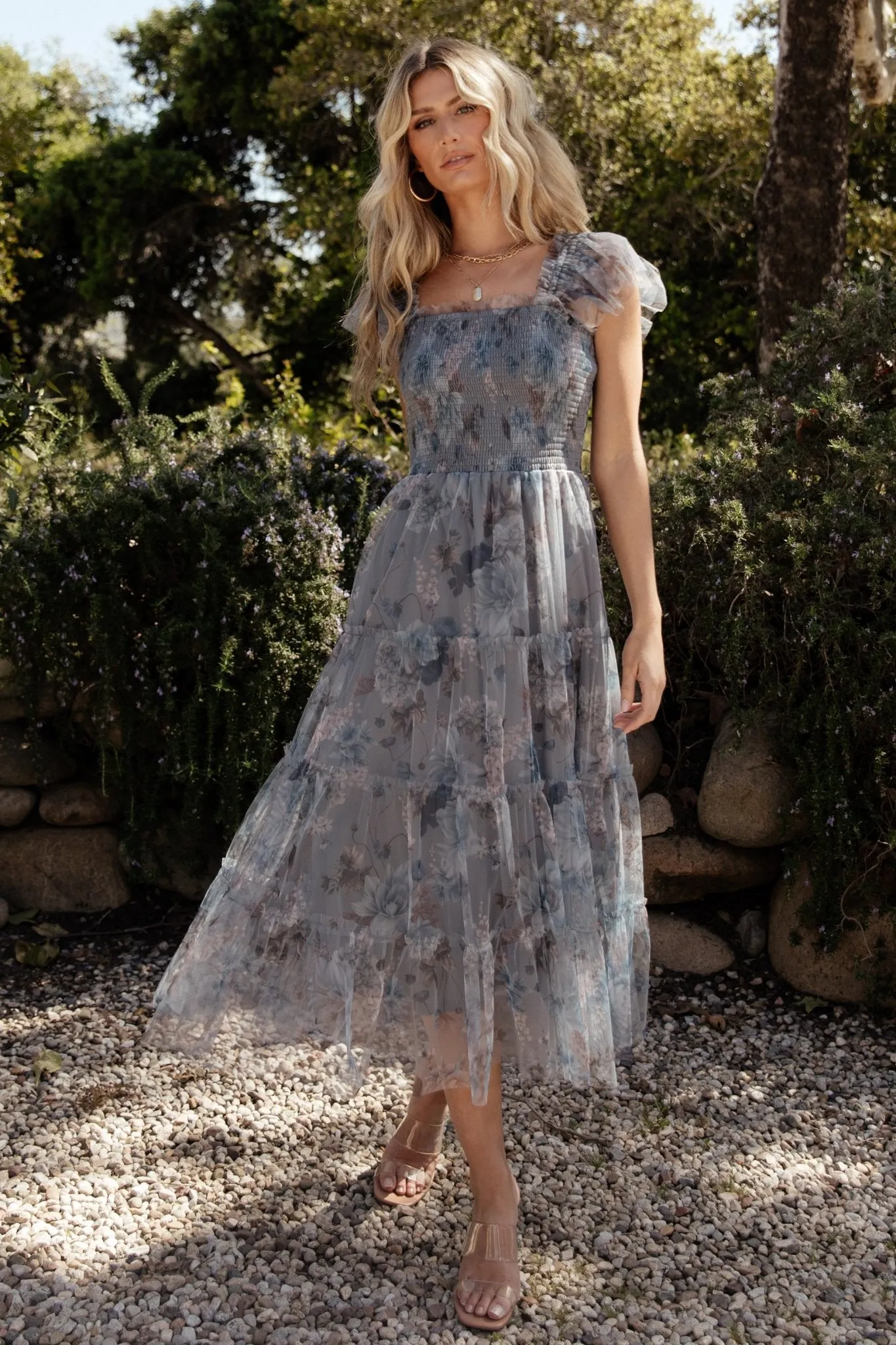Clementine Tulle Midi Dress | Dusty Blue Floral | Parallel