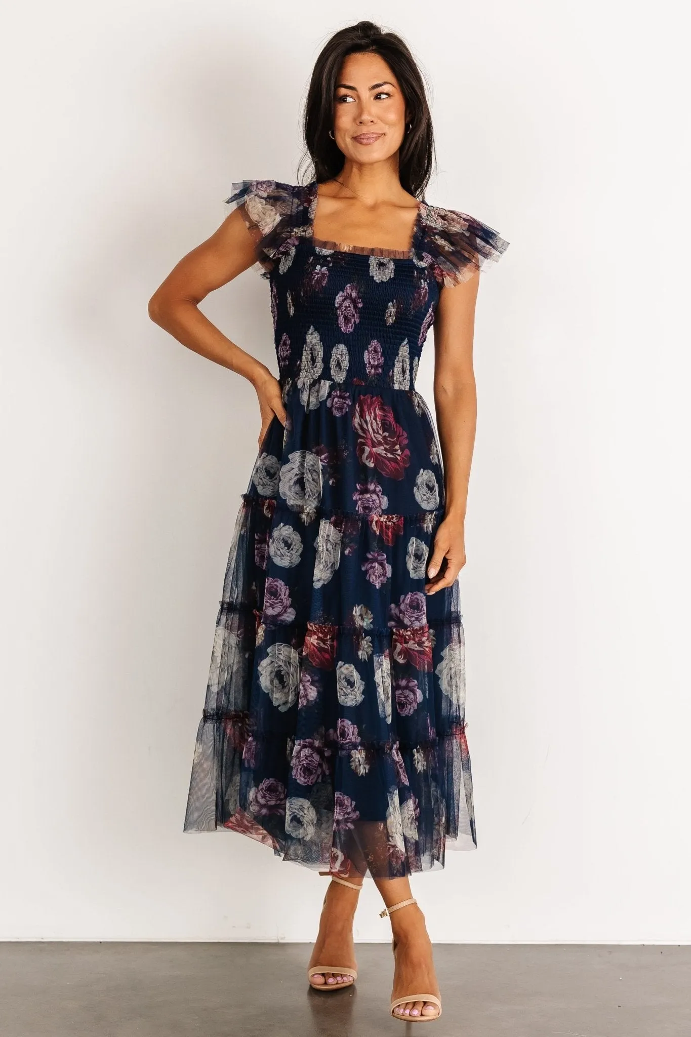 Clementine Tulle Midi Dress | Navy Floral sold by Baltic Born
