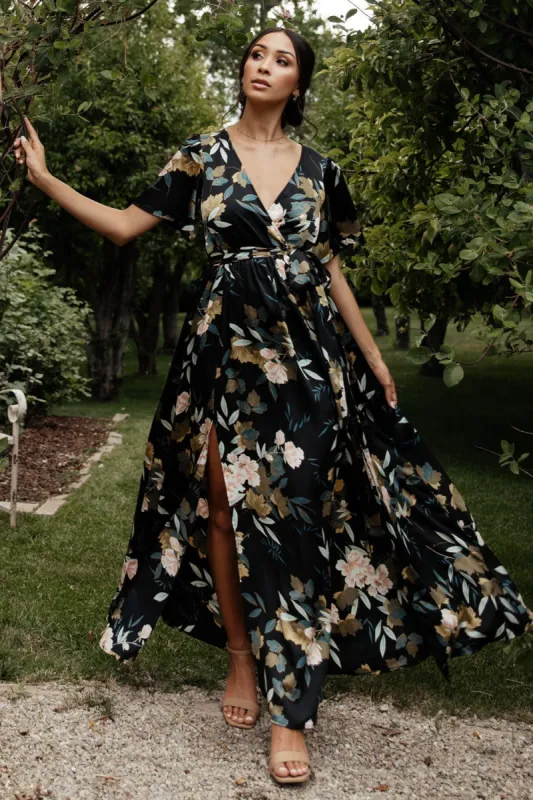 Sicily Satin Maxi Dress | Black Floral sold by Baltic Born