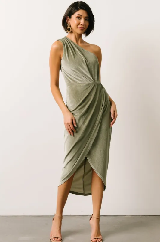 Kourtney Velvet One Shoulder Midi Dress | Sage sold by Baltic Born