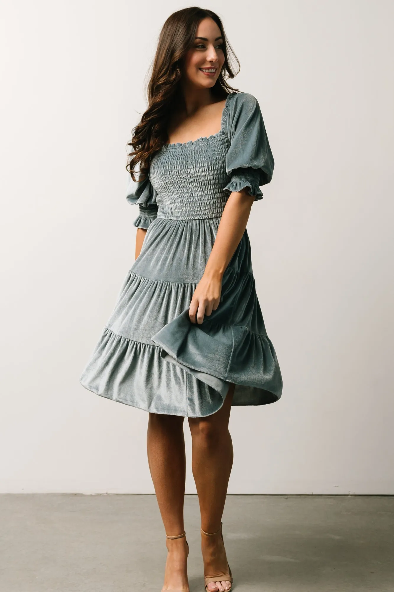 Bliss Smocked Velvet Short Dress | Dusty Blue sold by Baltic Born product image thumbnail 5