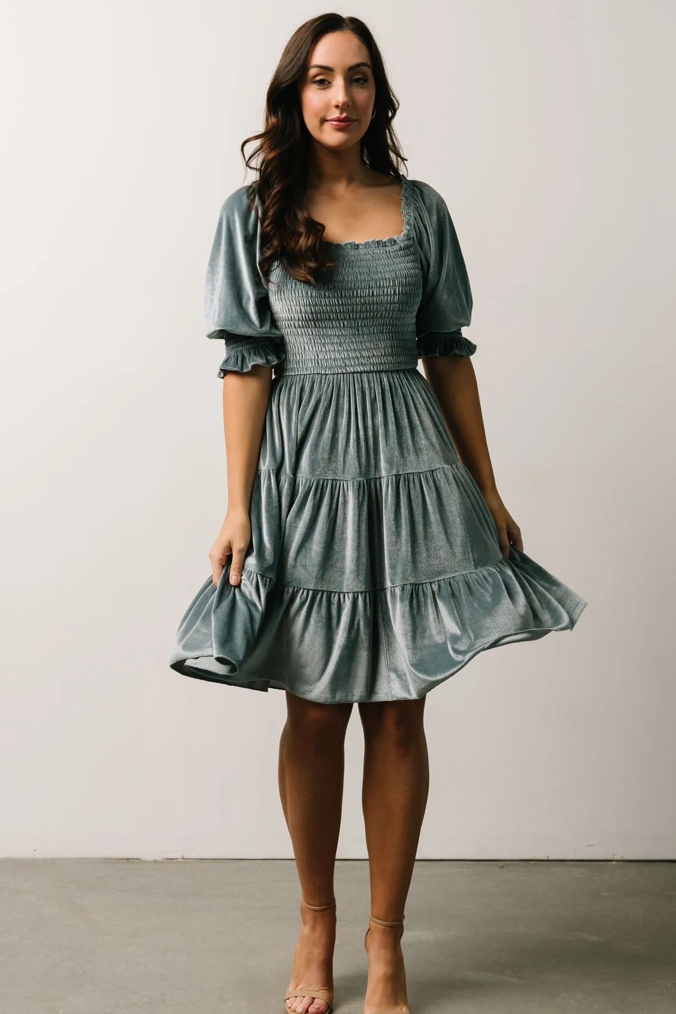 Bliss Smocked Velvet Short Dress | Dusty Blue sold by Baltic Born product image thumbnail 2
